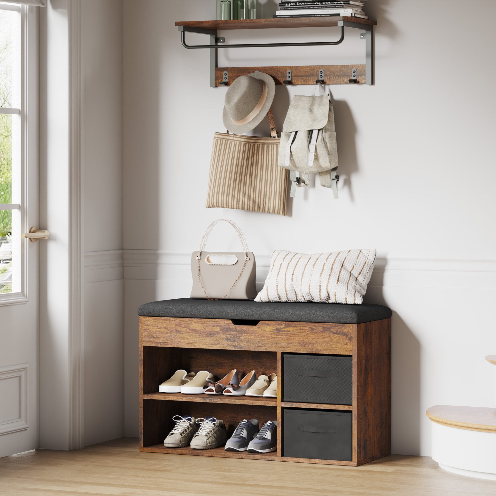 Mondeer Schuhbank Schuhhocker (80 x 48 x 30 cm), Holzschuhablage mit Stoffschublade und aufklappbarem Sitzfläche – Bild 4 von 5