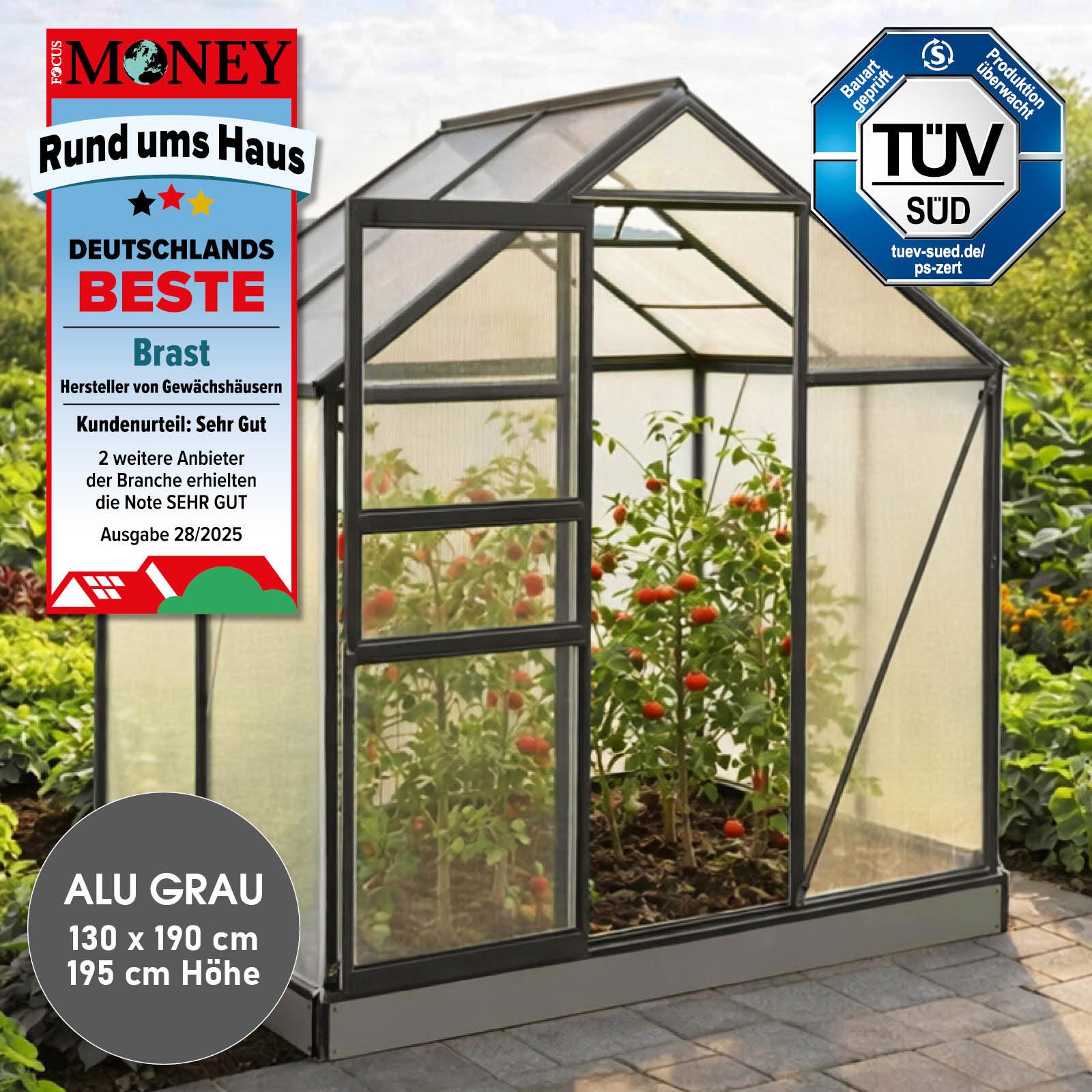 BRAST Gewächshaus Aluminium mit Fundament rostfrei 130x190x195cm, BxTxH: 190 x 130 x 195 cm, wetterfestes hochwertiges Aluminium, Temperaturbeständig, Wärmedämmend, Lichtbrechend & UV-stabilisiert