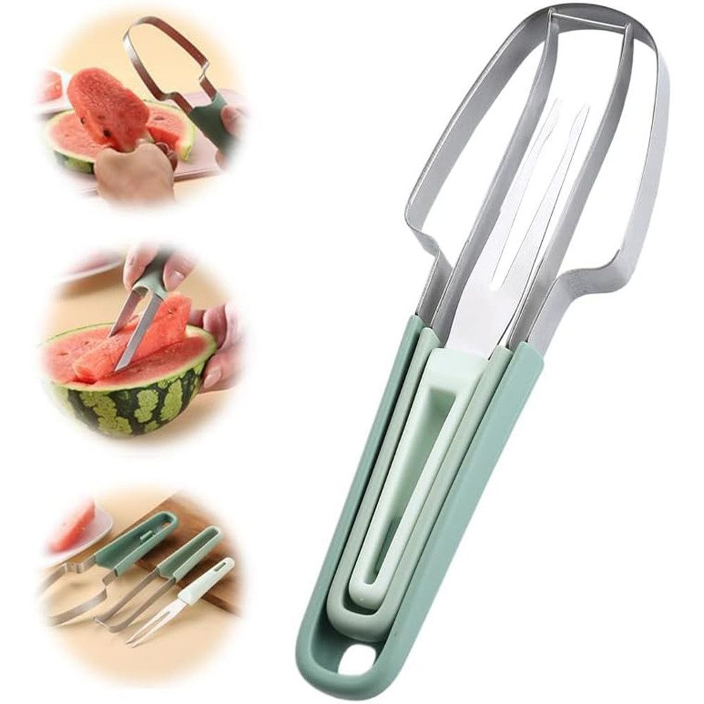 Coonoor Obstschneider 3-in-1 Obstschneider aus Edelstahl, Sommer Fruchtschneidegabel, (1-tlg), Wassermelone-Schneidewerkzeug, Doppelkopf-Obstgabeln-Schneidemesser