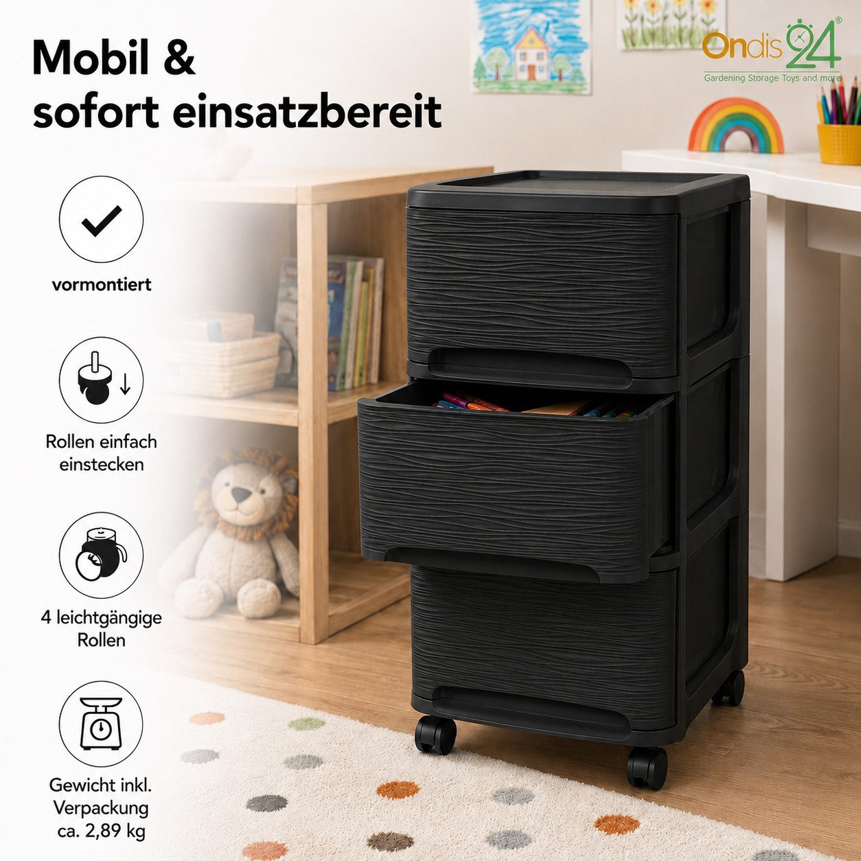 ONDIS24 Rollwagen Schubladenturm Tour Stone Schubladenschrank mit Rollen 3 Schubladen, in Steinoptik – Bild 4 von 5