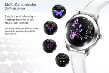 TPFNet SW31 mit Kunstleder Armband für Damen - individuelles Display Smartwatch (Android), Armbanduhr mit Musiksteuerung, Herzfrequenz, Schrittzähler, Kalorien etc. - Silber / Weiß