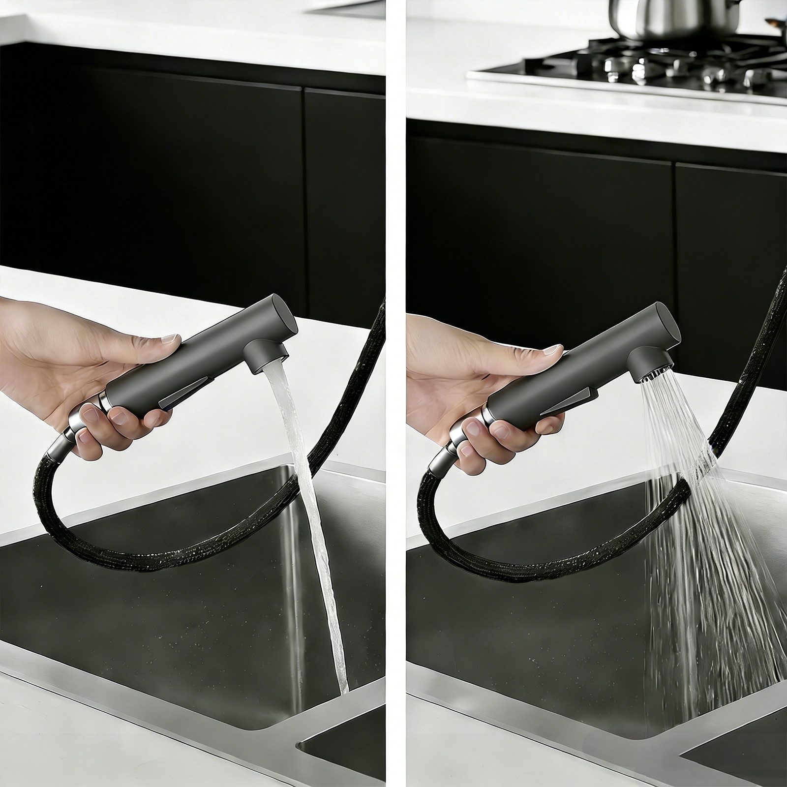 AICA Küchenarmatur Wasserhahn Küche Hochdruck, 360° schwenkbar & ausziehbar, Edelstahl mit 2 Strahlarten, 40cm Auszug & Mischbatterie für alle Spülbecken – Bild 3 von 5