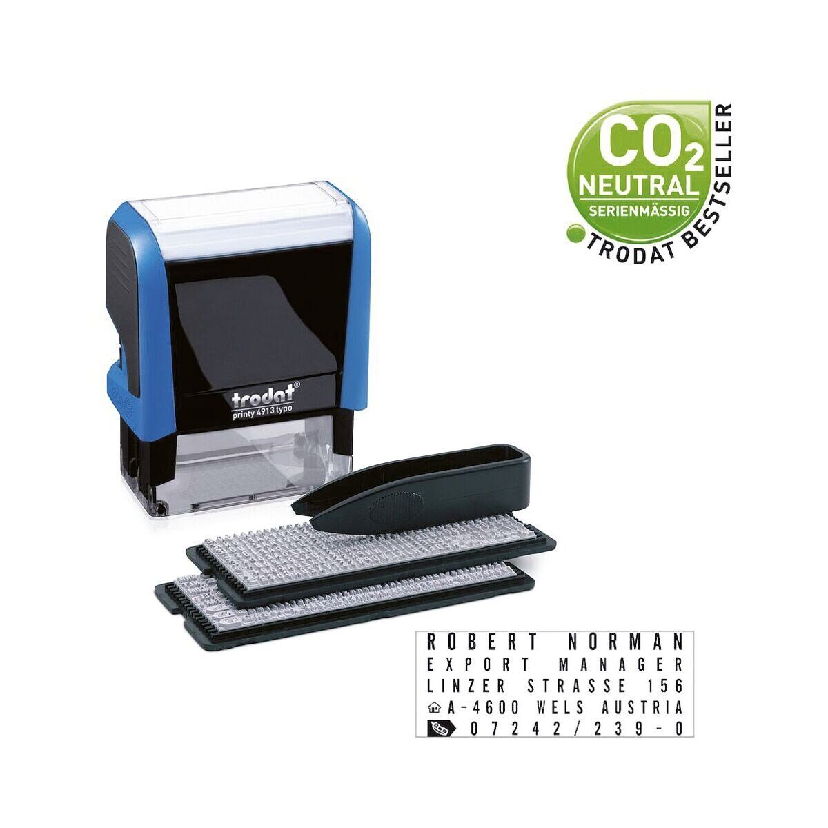 TRODAT Stempel Printy 4913 Typomatic, Textstempel mit Textplatte zum Selbersetzen, selbstfärbend