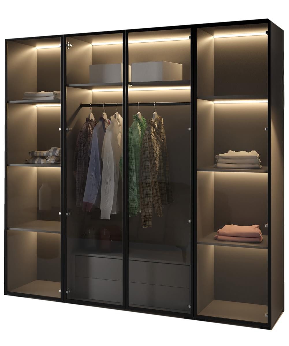 Compleo Drehtürenschrank mit LED-Beleuchtung,Glasfronten, Perfekt Garderobe mit 2 Schubladen