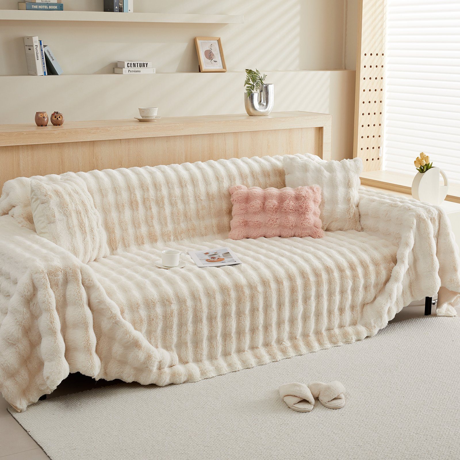 Sofabezug Plüsch Dick Sofa Sitzkissenbezug, Couchbezug, Antirutsch, Winter Warme, Sunicol, Superweiche SofaÜberwurf aus Kunstpelz für Wohnzimmer Creme #2