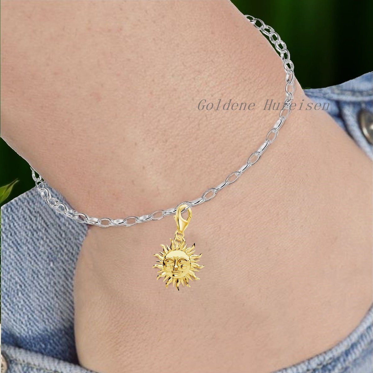 Goldene Hufeisen Charm Sonne Sonne Charm Anhänger 925 Sterling Silber Gelbgold vergoldet, 24K vergoldet