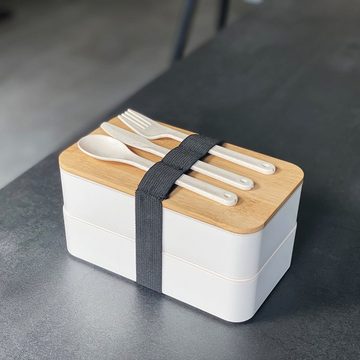 Intirilife Lunchbox, Bambus, Lunch Box Bento Box mit 3 Fächern und Besteck Brotdose