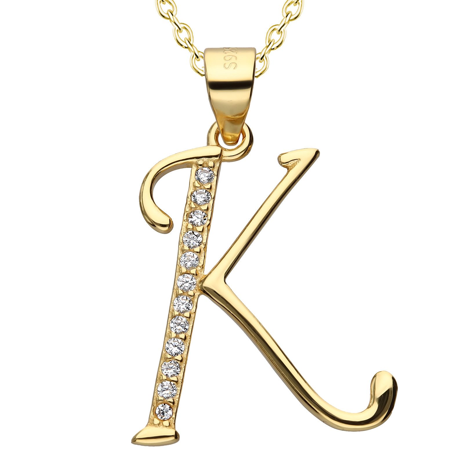 Kette mit Anhänger Buchstaben K 925 Silber goldene Halskette Buchstabenkette Zirkonia