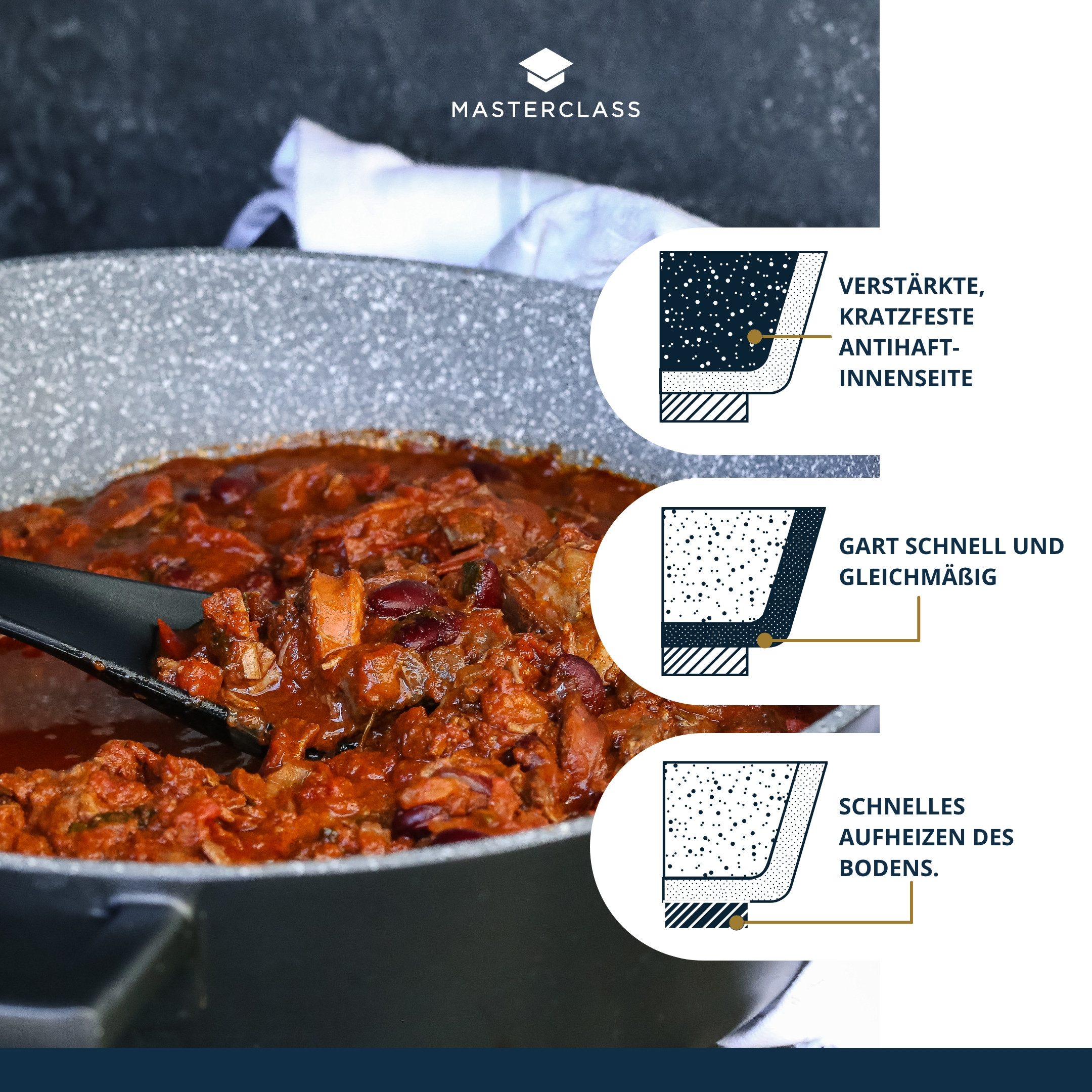 MasterClass Kasserolle MasterClass, Aluminiumguss, flach, 2,5 L, ultraleicht, kratzfeste Antihaftbeschichtung,Induktion