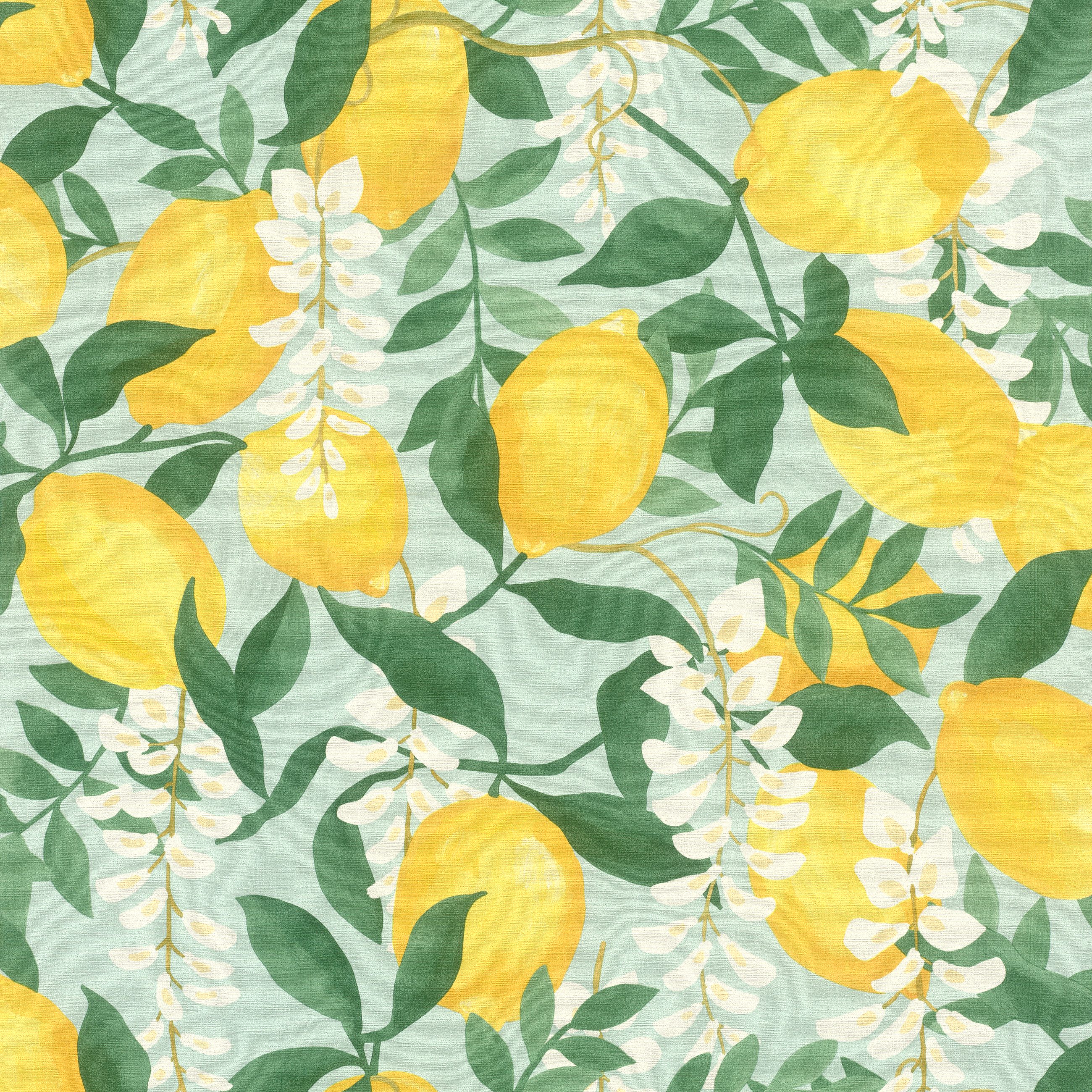 Rasch Vliestapete Portofino - Selbstklebende Tapete Zitrone von tesa® x rasch®, strukturiert, mediterran, botanisch, (1 Rolle, 1 St), selbstklebend, 6,00m x 0,53m