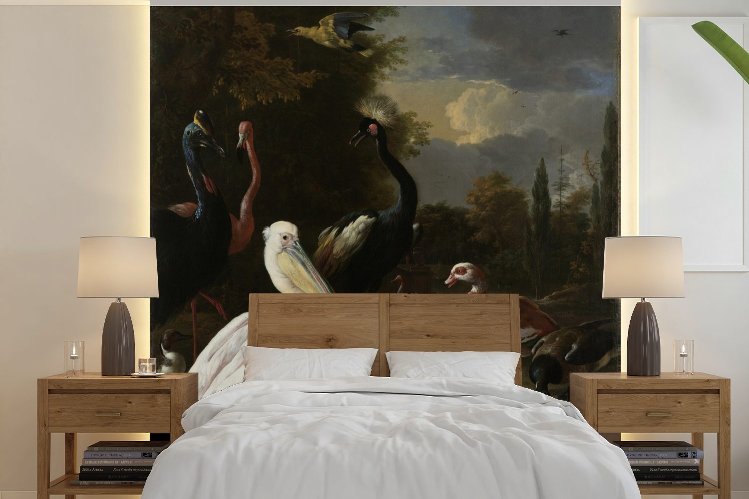 MuchoWow Fototapete Ein Pelikan und andere Vögel in der Nähe eines Wasserbeckens -, Matt, bedruckt, (5 St), Vinyl Tapete für Wohnzimmer oder Schlafzimmer, Wandtapete