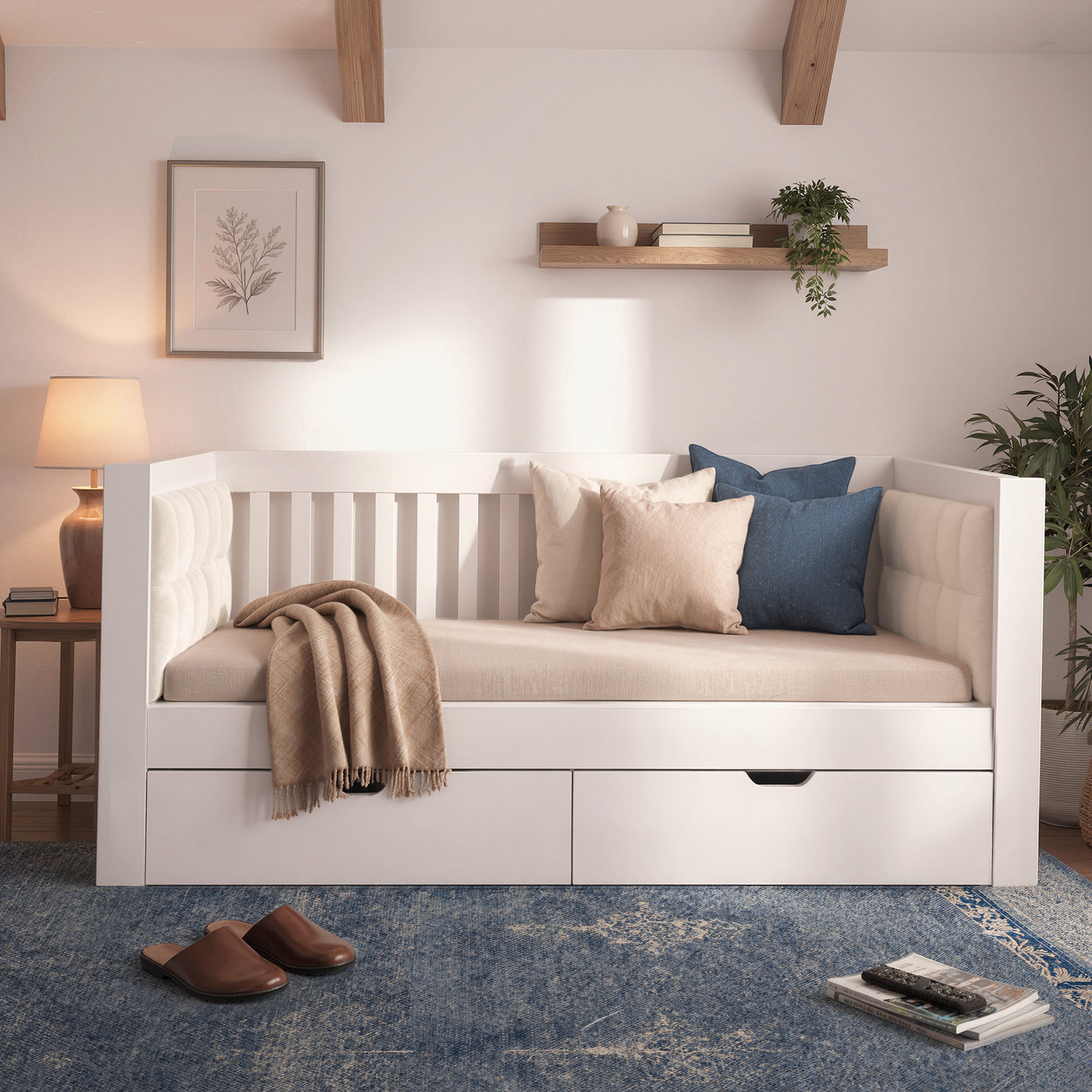 REDOM Daybett Tagesbett mit abgerundeten Armlehnen, komfortable Rückenlehne (Ideal für kleine Apartments, einfache Montage, 2 tlg), Schlafsofa 90x190 cm, Weiß, Holz, 2 Schubladen, mit 1 Matratze