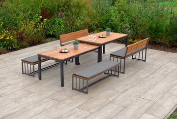 MERXX Garten-Essgruppe Milos, (Set, 10-tlg., 4 Bänke (2x mit und 2x ohne Rückenlehne), 2 Tische, 4 Sitzkissen), Set ist komplett ineinander verstaubar, geeignet für 12 Personen