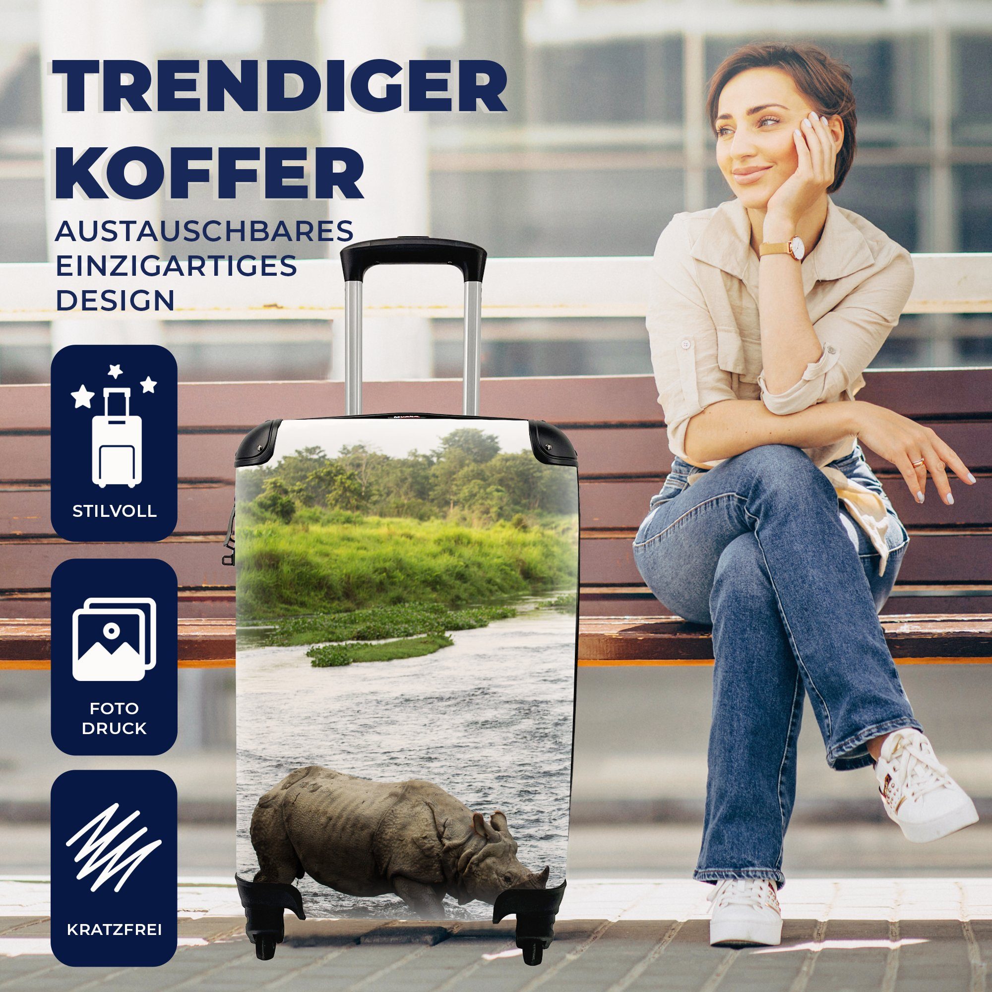 Handgepäck Reisetasche für Handgepäckkoffer Wasser, Ferien, Trolley, Rollen, rollen, MuchoWow Nashorn 4 mit Reisekoffer im