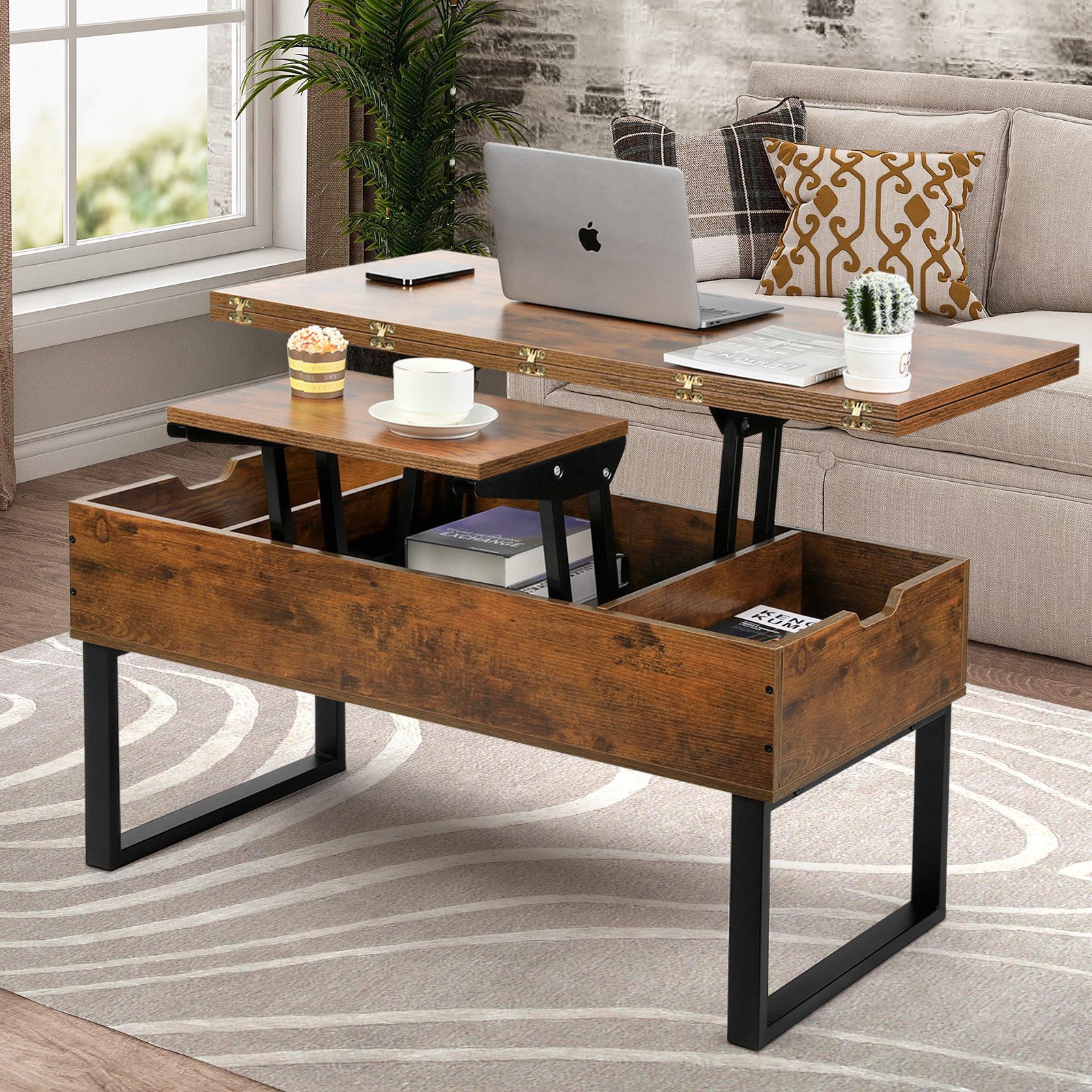 VOWNER Couchtisch 3-in-1 Mehrzweck-Wohnzimmertisch, höhenverstellbar, Esstisch, 100 × 50 × 45 cm/100 × 100 × 45 cm