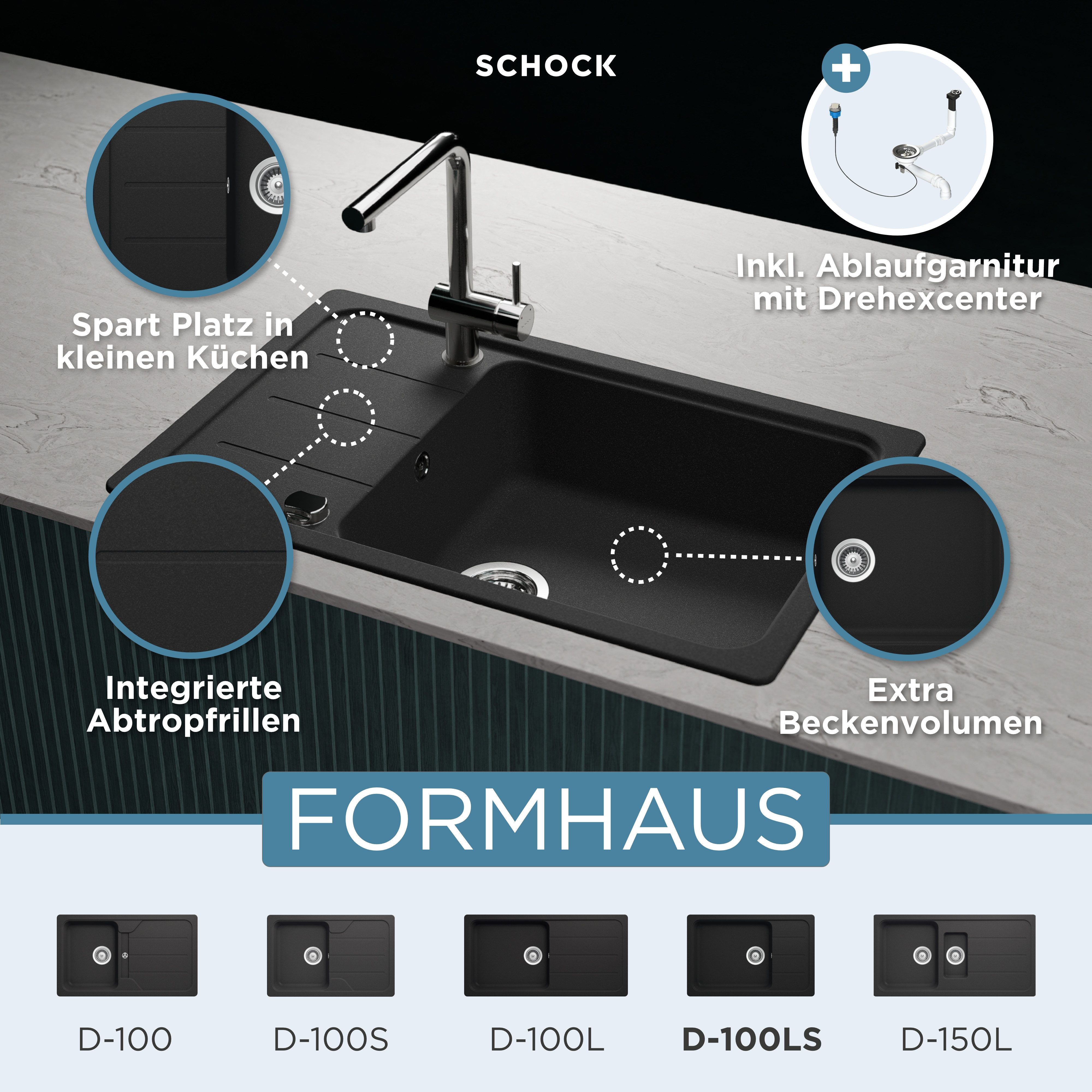 Schock Granitspüle Formhaus D-100LS, eckig, 78/50 cm, für kleine Küchen