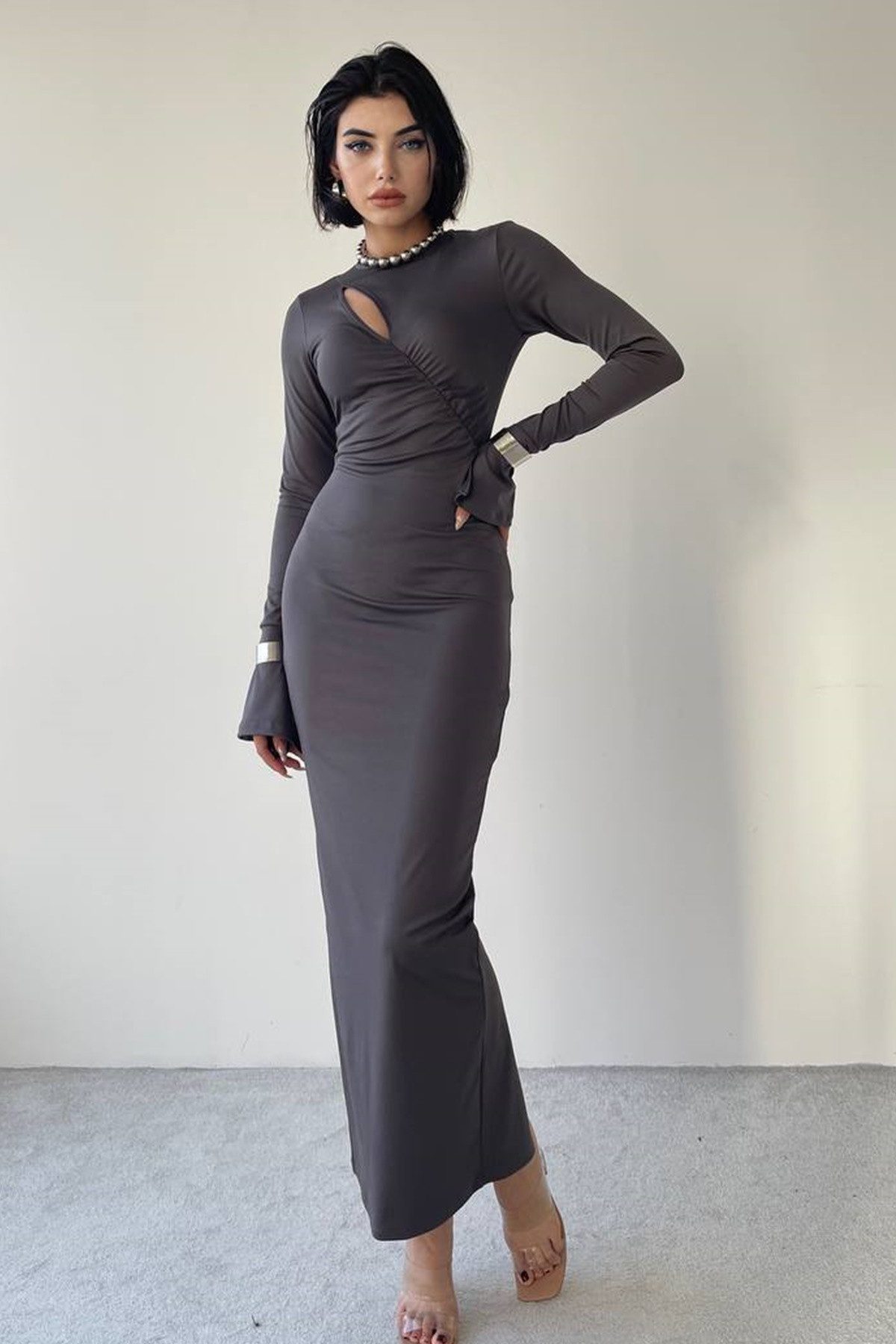 WOMAN VISION Abendkleid Damen Smoky Flexibles Sandy Stoff Maxikleid mit tiefem Ausschnitt und