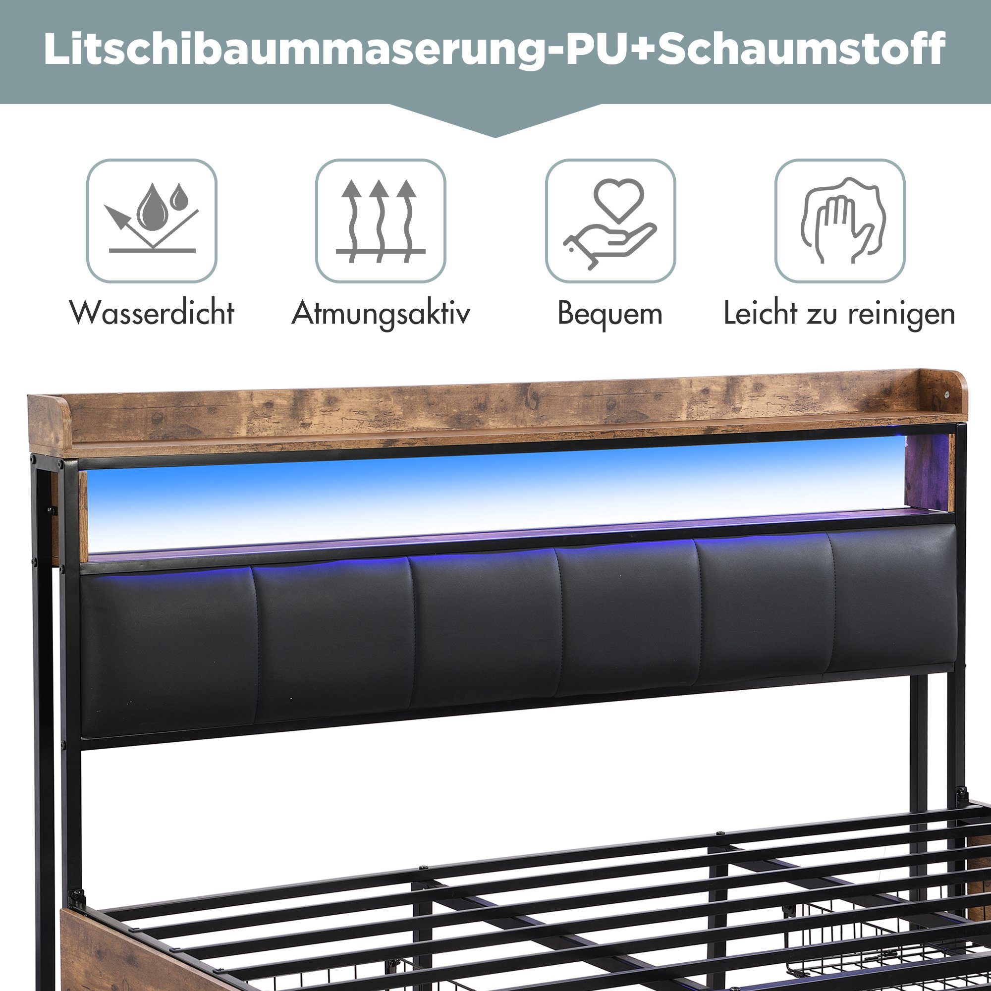 Schubladen 160x200cm WISHDOR Beleuchtung Holzbett 4 LED Doppelbett, Polsterkopfteil