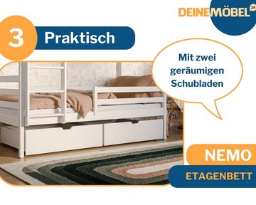 Deine Möbel 24 Etagenbett Hochbett Kinderbett NEMO für 2 Kinder 80x180 90x200 Weiß (Matratzen optional, Bett, Lattenrost, Rausfallschutz unten gratis, 2 Schubladen, Leiter), aus Vollholz Kiefernholz, in 2 Einzelbetten umbaubar