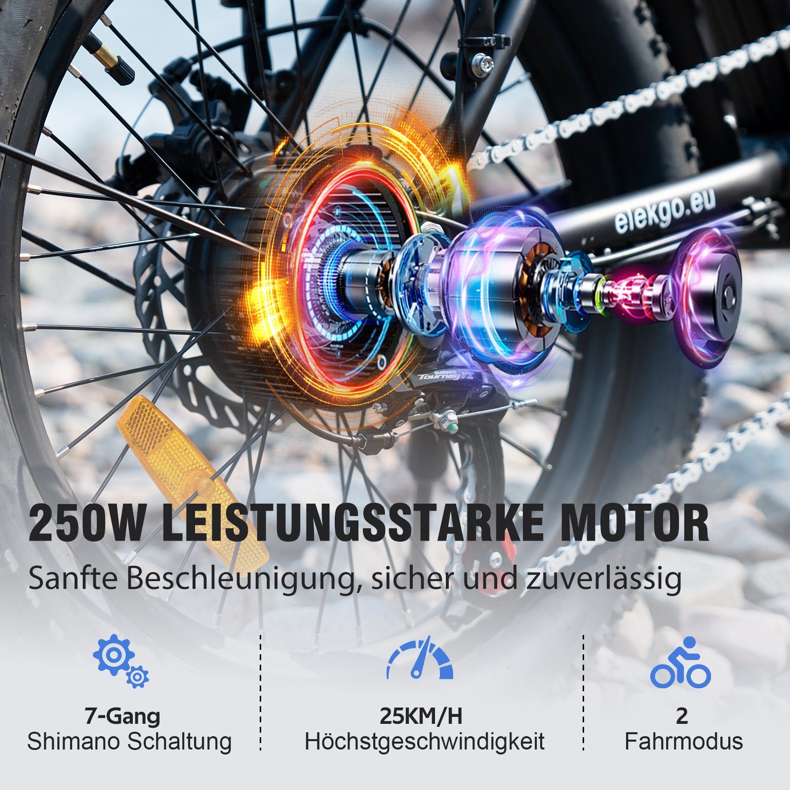 mit Heckmotor Schwarz E-Bike 35-90km, 7 Elektrofahrrad 3,0 bis Gang, 20" 250W 36V/12Ah Akku, ELEKGO Mountainbike