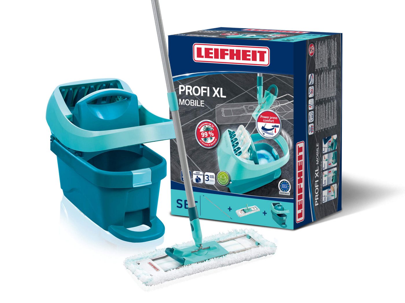 Leifheit Bodenwischer-Set Set Wischtuchpresse Profi XL mit Rollen und Bodenwischer, (4-St), Waschbar bei 60°C, Wischbreite 42cm, mit Rollen, 360° Drehgelenk