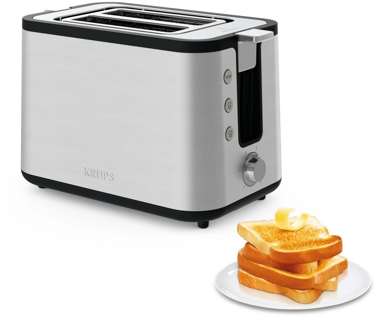 Krups Toaster KH442D Control Line, 6 Bräunungsstufen, herausnehmbare Krümelschublade, 2 kurze Schlitze, für 2 Scheiben, 850 W, integrierter Gebäck- und Brötchenwärmer, Anhebefunktion