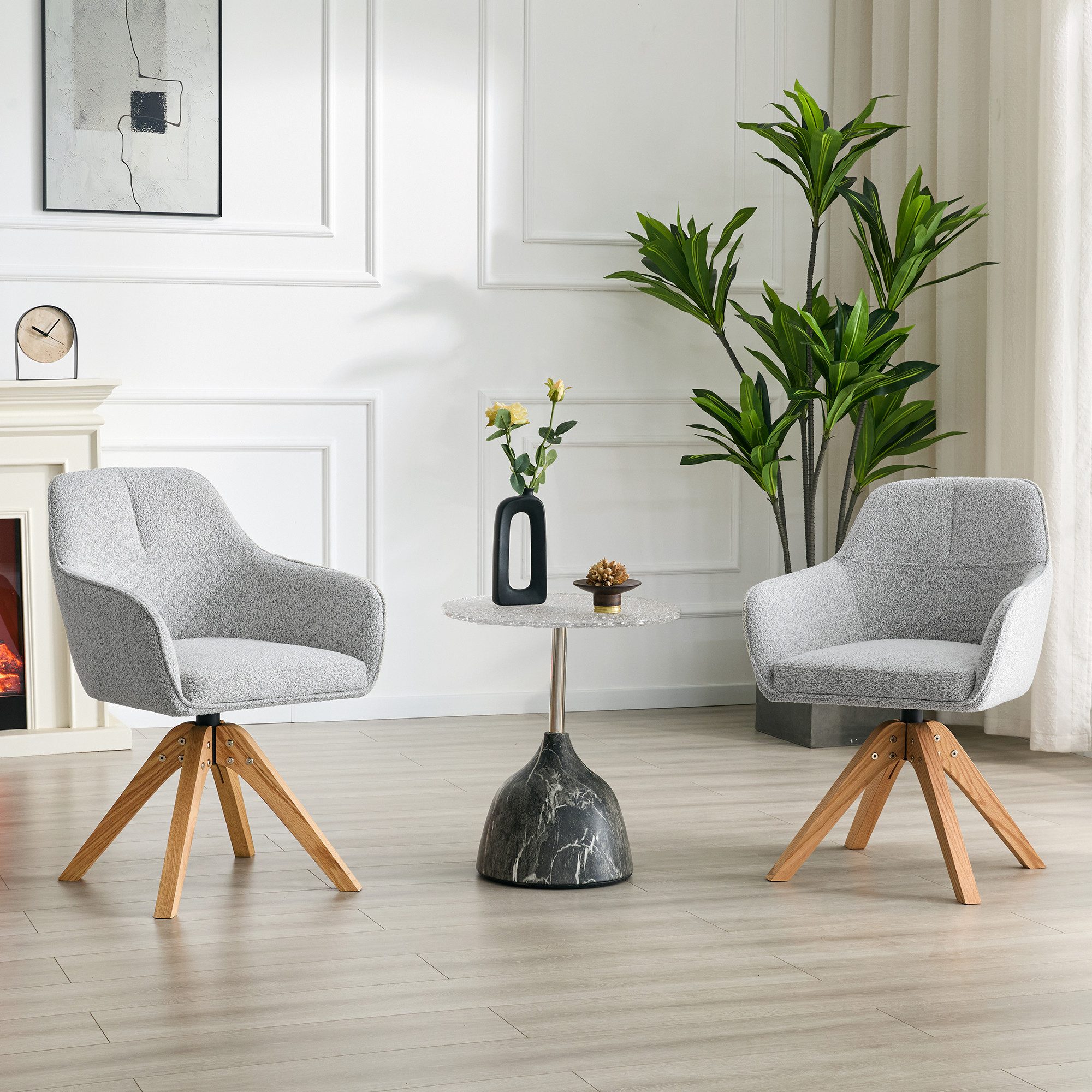 JUFU Drehsessel Im Skandi-Design, Massivholzfuß, Essstuhl, Bürostuhl, Wohnzimmersessel (2-St), ergonomisch gepolstert mit 360° Drehfunktion