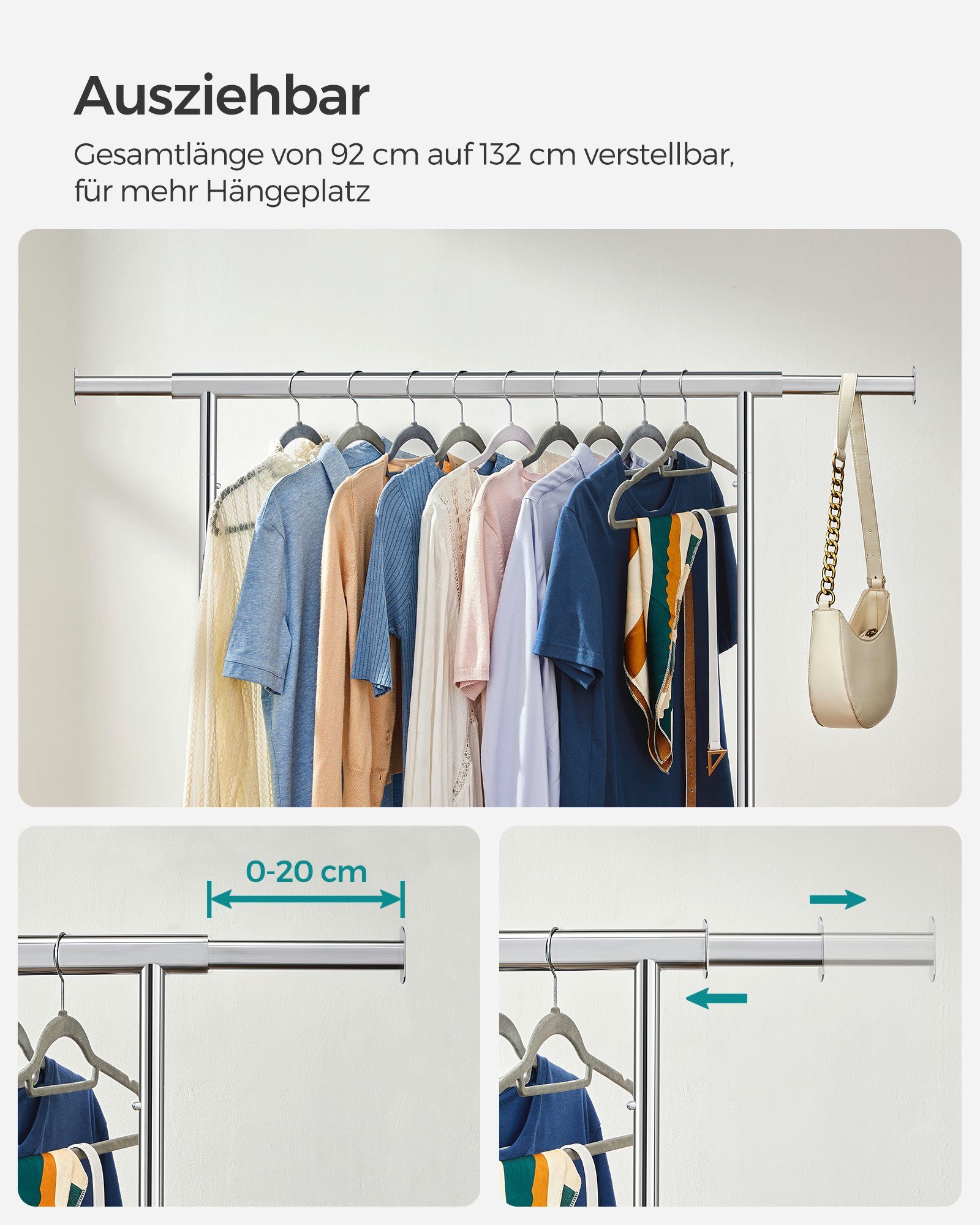 SONGMICS Kleiderständer Schwerlast-Garderobenständer ausziehbare Kleiderstange, bis 90 kg belastbar, einfache Montage, auf Rollen, transportabel – Bild 5 von 5