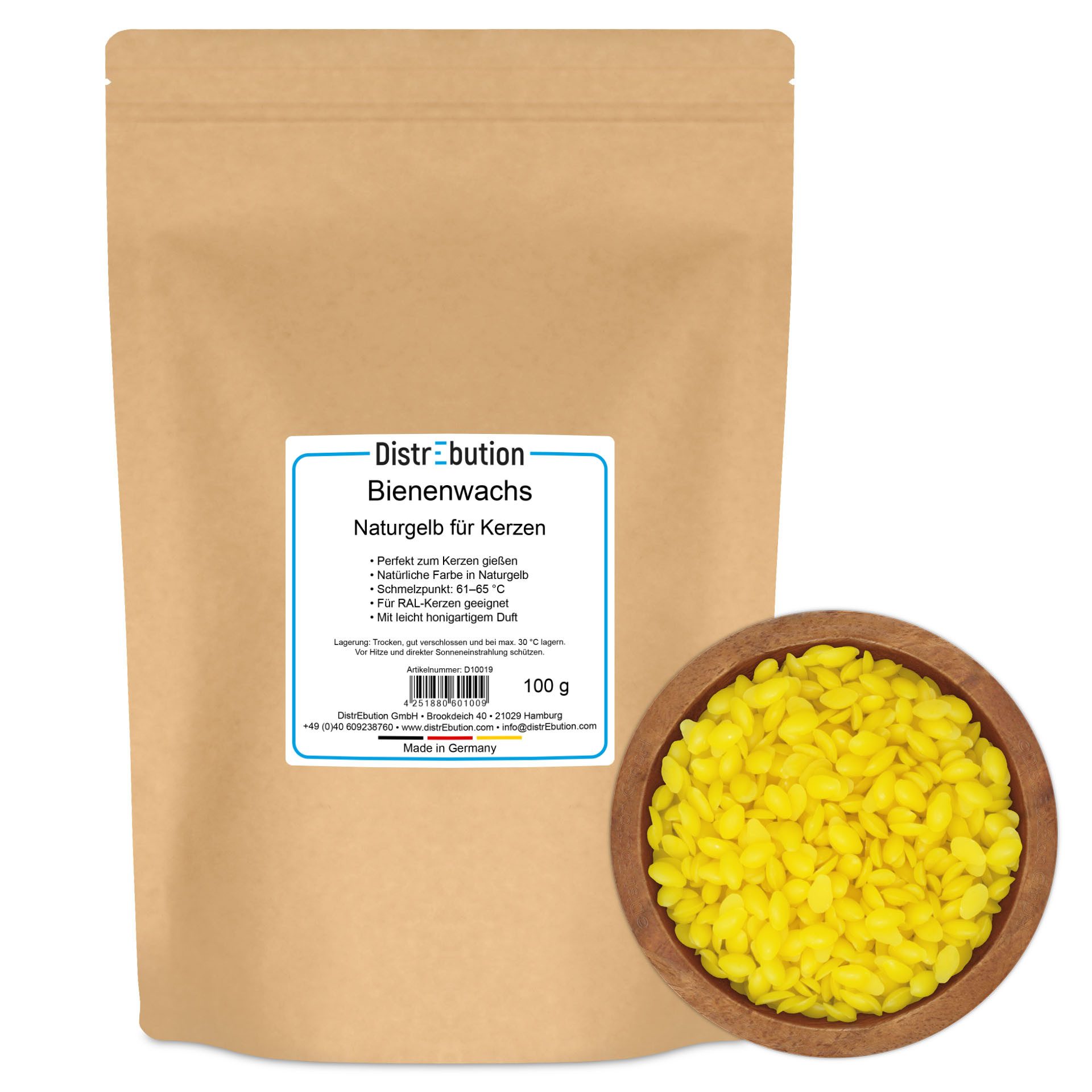 DistrEbution Bienenwachskerze Echtes Bienenwachs Naturgelb für Kerzen, Kerzenwachs, Pastillen, RAL, 100% rein