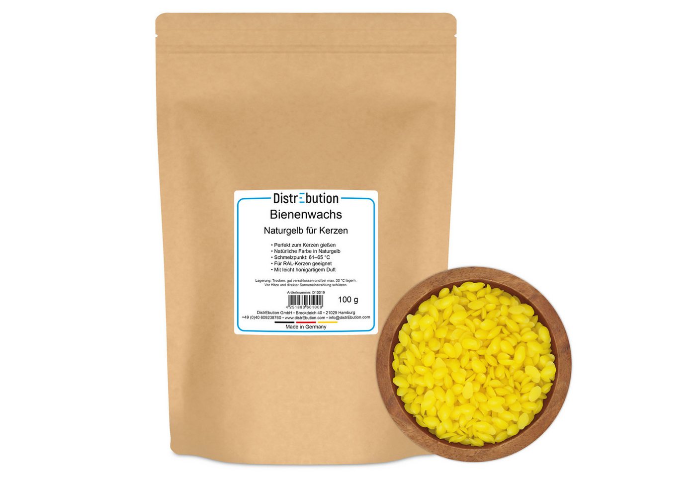 DistrEbution Bienenwachskerze Echtes Bienenwachs Naturgelb für Kerzen, Kerzenwachs, Pastillen, RAL, 100% rein