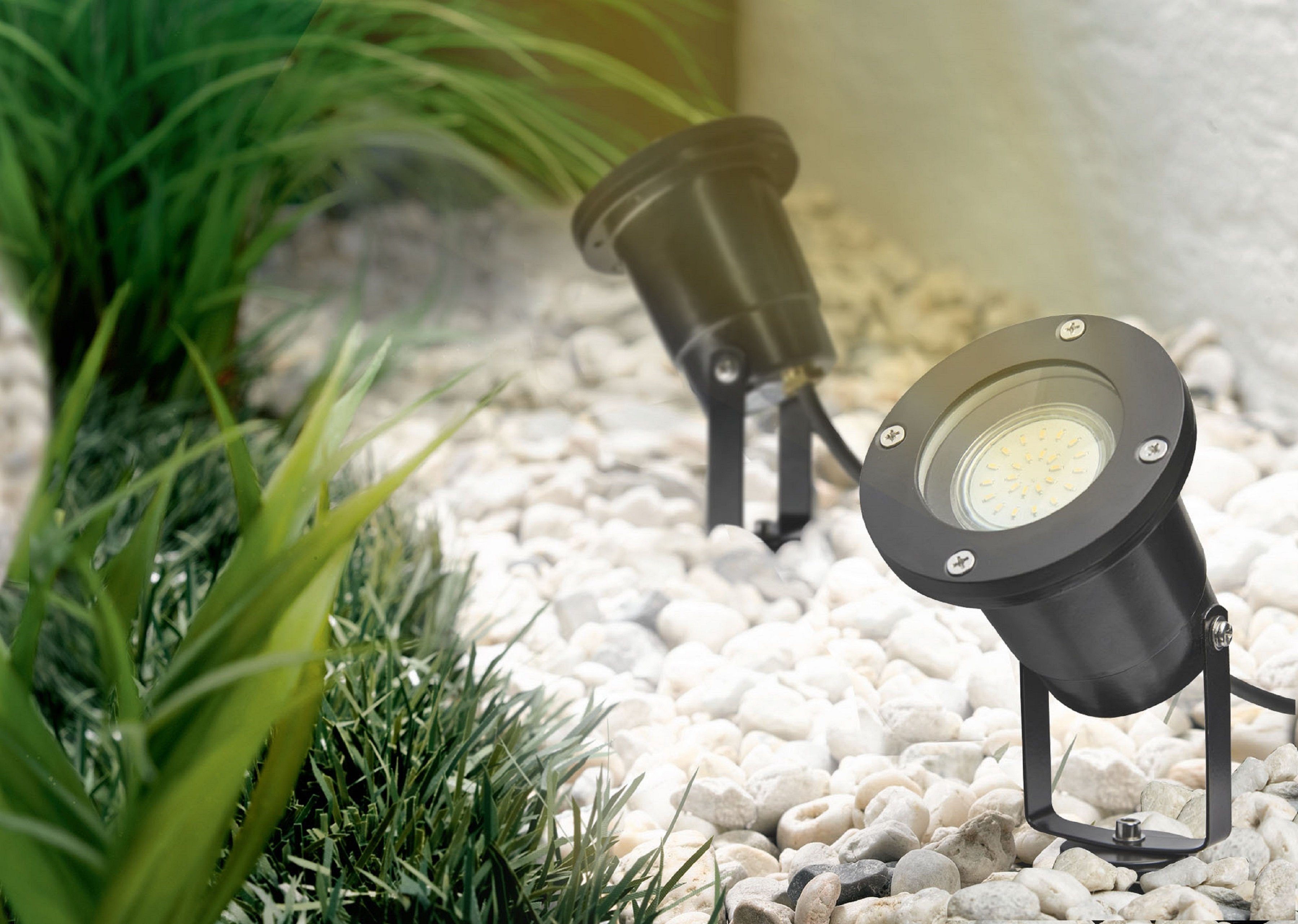 TRANGO LED Gartenstrahler, 1-flammig 3078B GU10 inkl. Meter Zuleitungskabel warmweiß Wegbeleuchtung Strahler 3 Leuchtmittel 3000K IP65 Außenleuchte & 1x als Watt LED – *ELLA* Gartenlampe, 3,0 Außenlampe, Teichstrahler