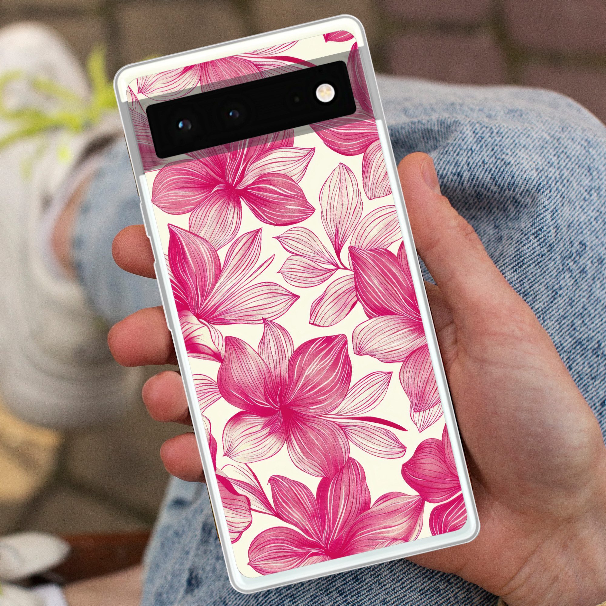 MuchoWow Handyhülle für Google Pixel 6 Blumen - Muster - Rosa - Weiß, Handy Case, Silikon, Bumper Case Dünn