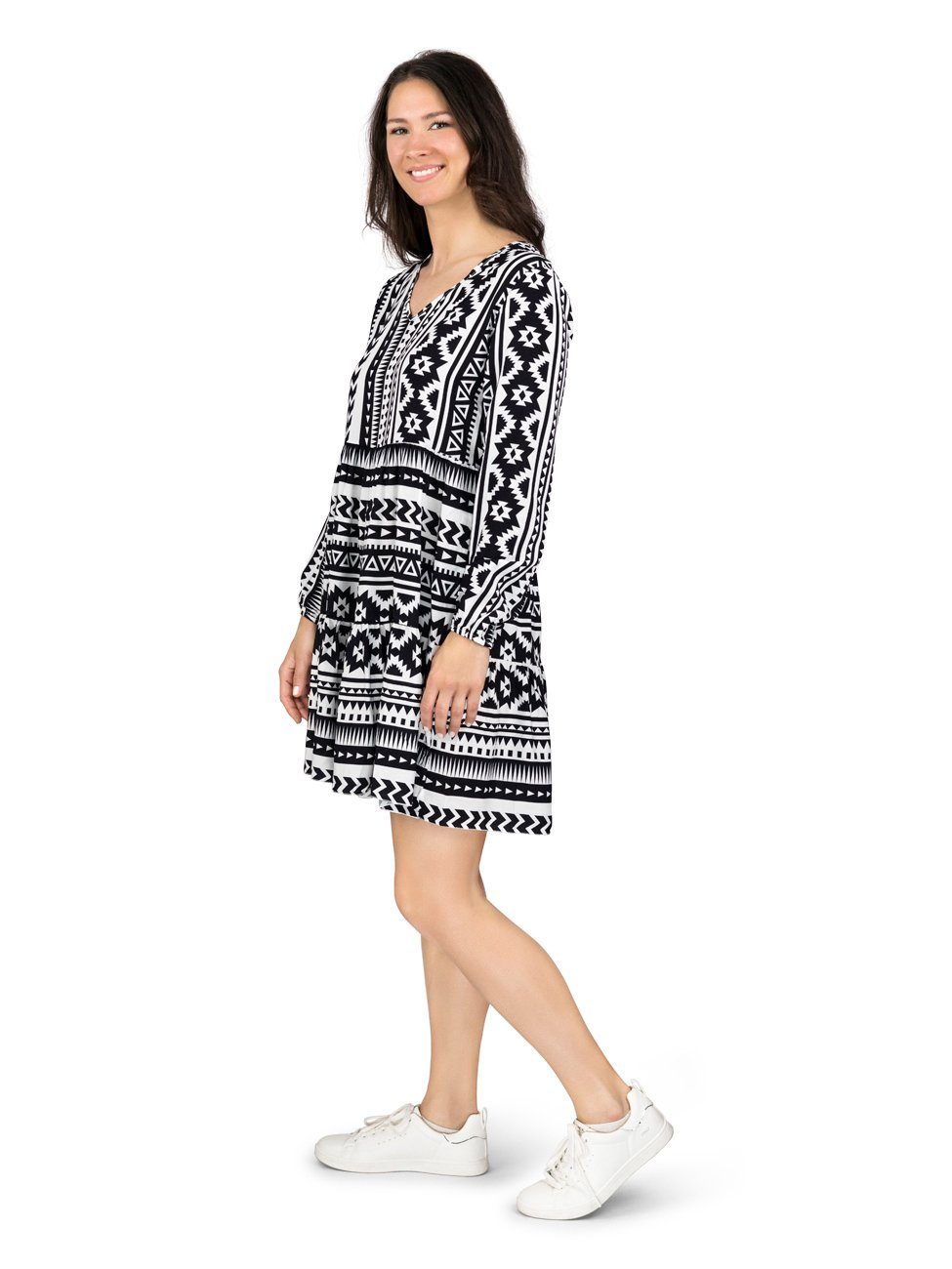DENIMFY Sommerkleid Damen Kleid DFIda A-Linie langarm Freizeitkleid mit V-Ausschnitt aus 100% Viskose – Bild 3 von 5