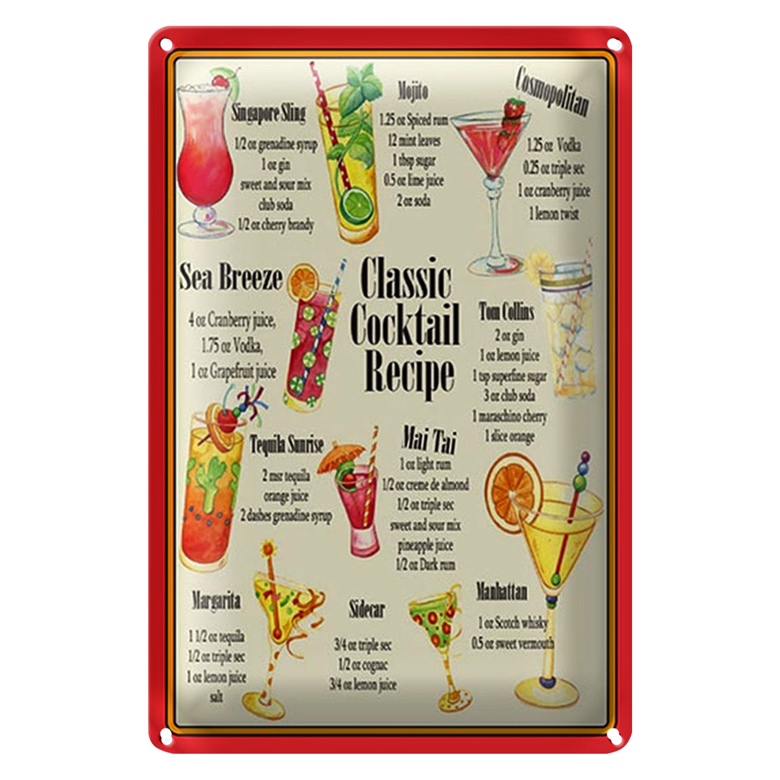 Metallschild Blechschild 20x30cm Classic Cocktail Recipe Rezepte
