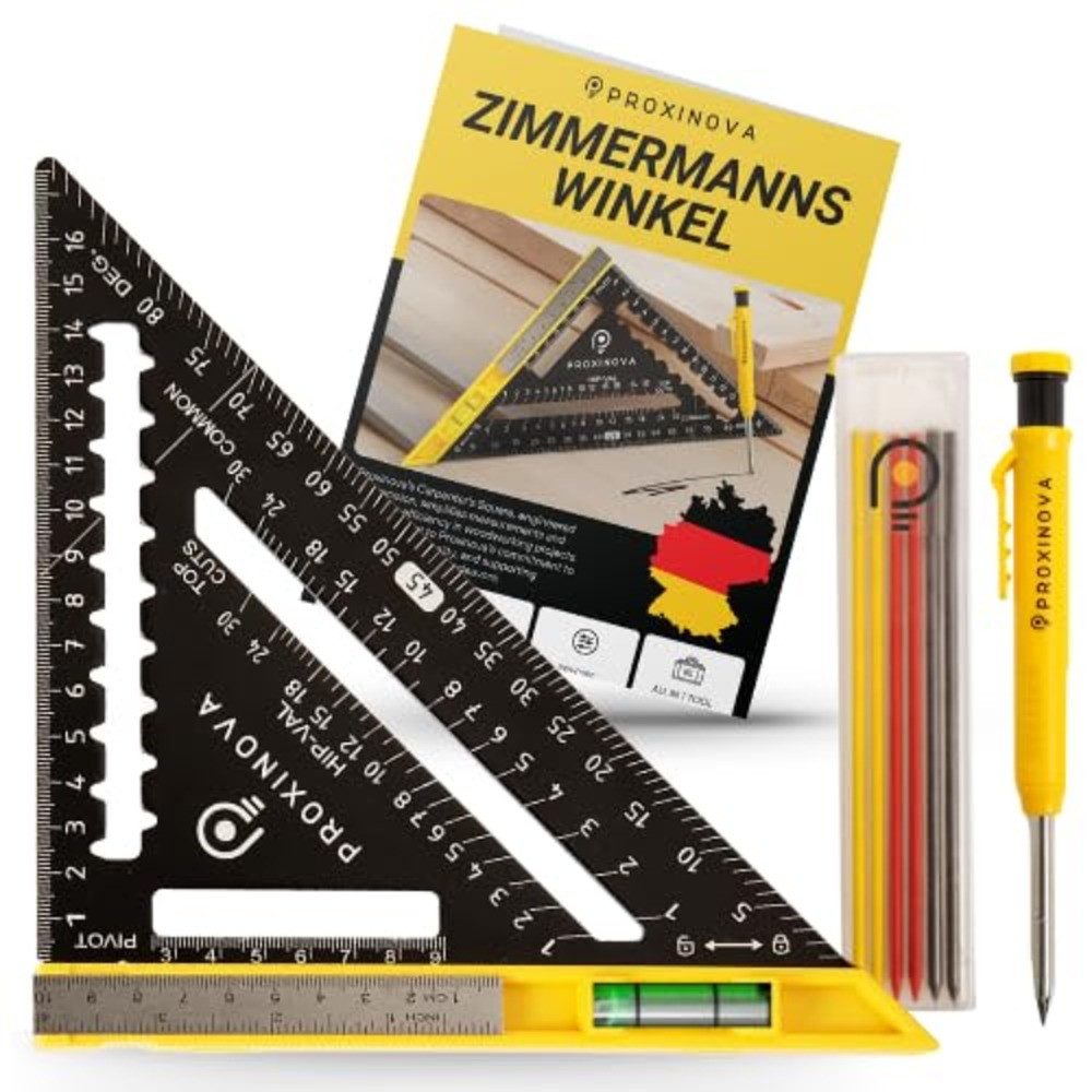 Zimmermannswinkel Set - Aluminiumlegiert - 180mm mit Wasserwaage und Zimmermannsstift