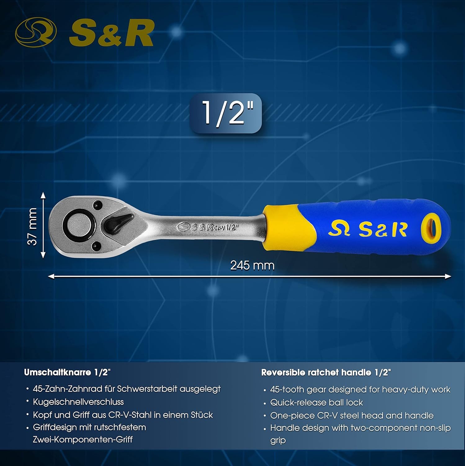 S&R Umschaltknarre 1/2 Zoll, CrV-Stahl, umschaltbare Ratsche für Links- und Rechtsanzug, Vierkantabtrieb, Hebelratsche 45 Zähne, Betätigungswinkel 8°