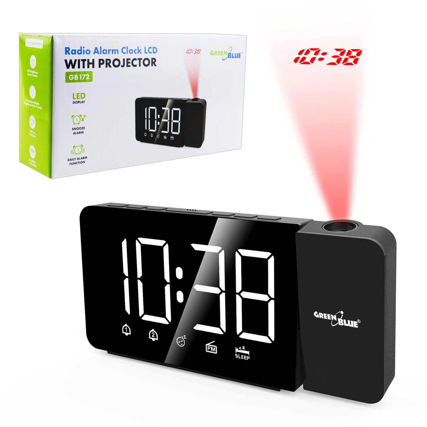 GreenBlue Radiowecker GB172 LED-Radiowecker mit Projektor FM-Radio, Alarm, 12/24-Stunden-Anzeige
