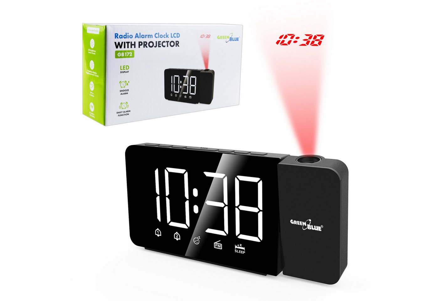 GreenBlue Radiowecker GB172 LED-Radiowecker mit Projektor FM-Radio, Alarm, 12/24-Stunden-Anzeige