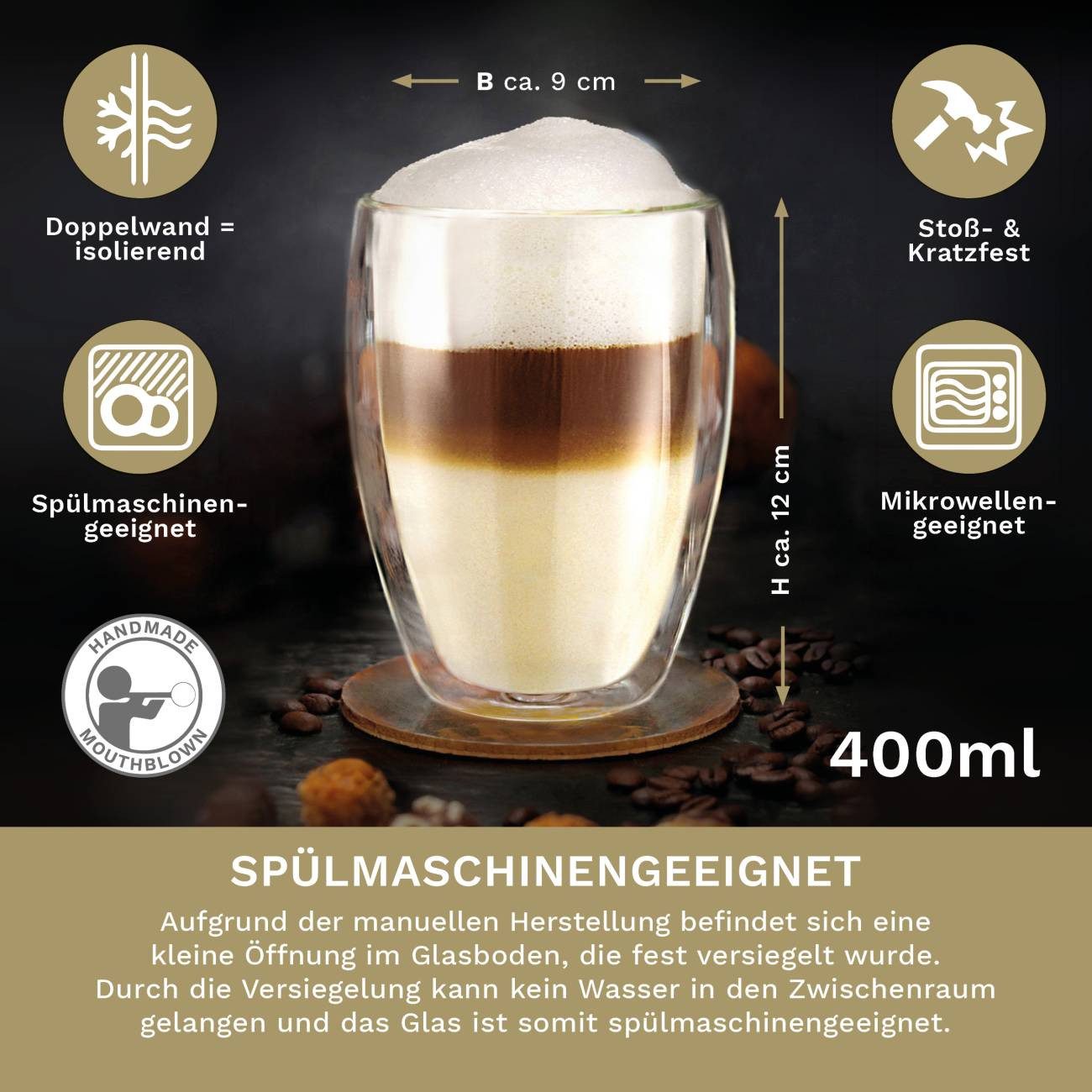 Creano Teeglas Doppelwandiges XXL Glas 400ml, Extra groß aus Borosilikatglas, 2er Set
