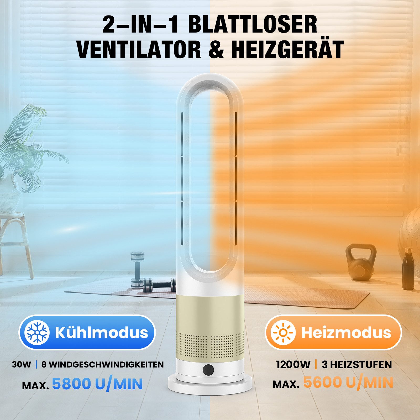 Rebonique Turmventilator Rotorlos Ventilator mit Kühlung/Heizen/Luftkühler sehr Leise, 8 Stufen, LED-Anzeige, Fernbedienung, 80° Oszillation, 9H Timer