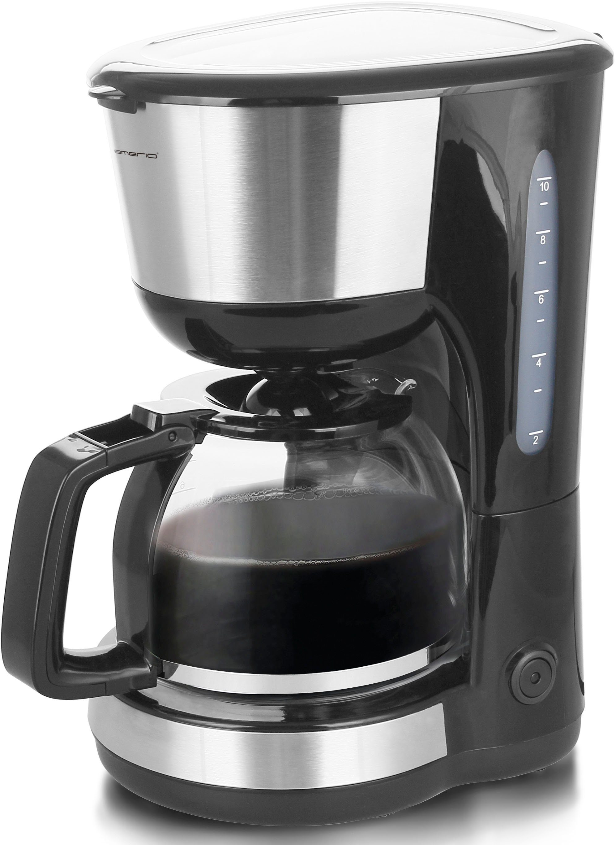 Emerio Filterkaffeemaschine CME-122933, 1,25l Kaffeekanne, Papierfilter,  Schickes Design in Schwarz/Silber mit Applikationen aus Edelstahl