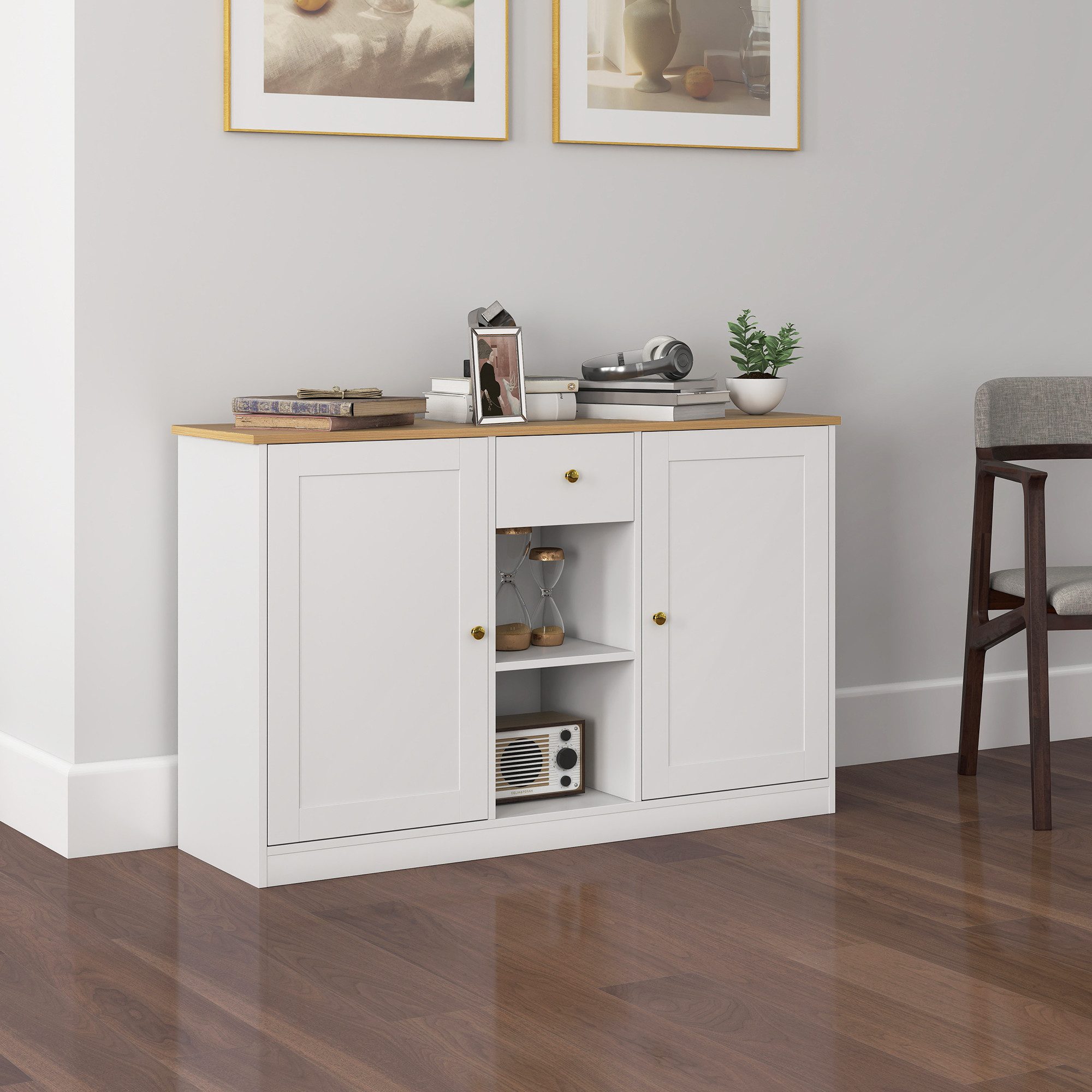 HOMCOM Sideboard Aufbewahrungsschrank mit Schublade, Küchenschrank für Küche (Kommode mit 2 Türen, 2 offenen Fächern, 1 St., für Wohnzimmer, Flur), 120 x 35 x 75,2 cm, Weiß