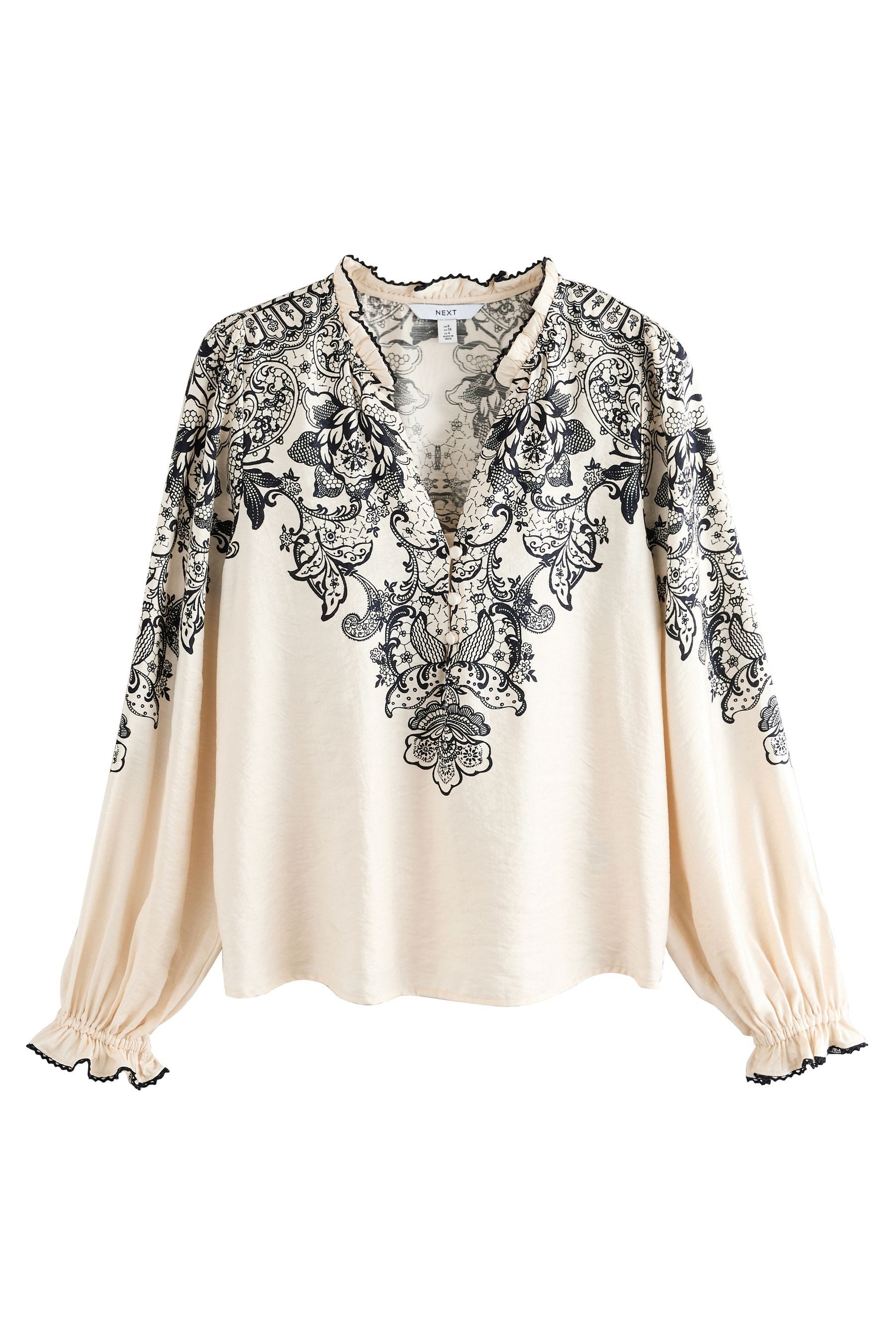 Next Rüschenbluse Rüschenbluse mit Spitzenbesatz und Placementprint (1-tlg)