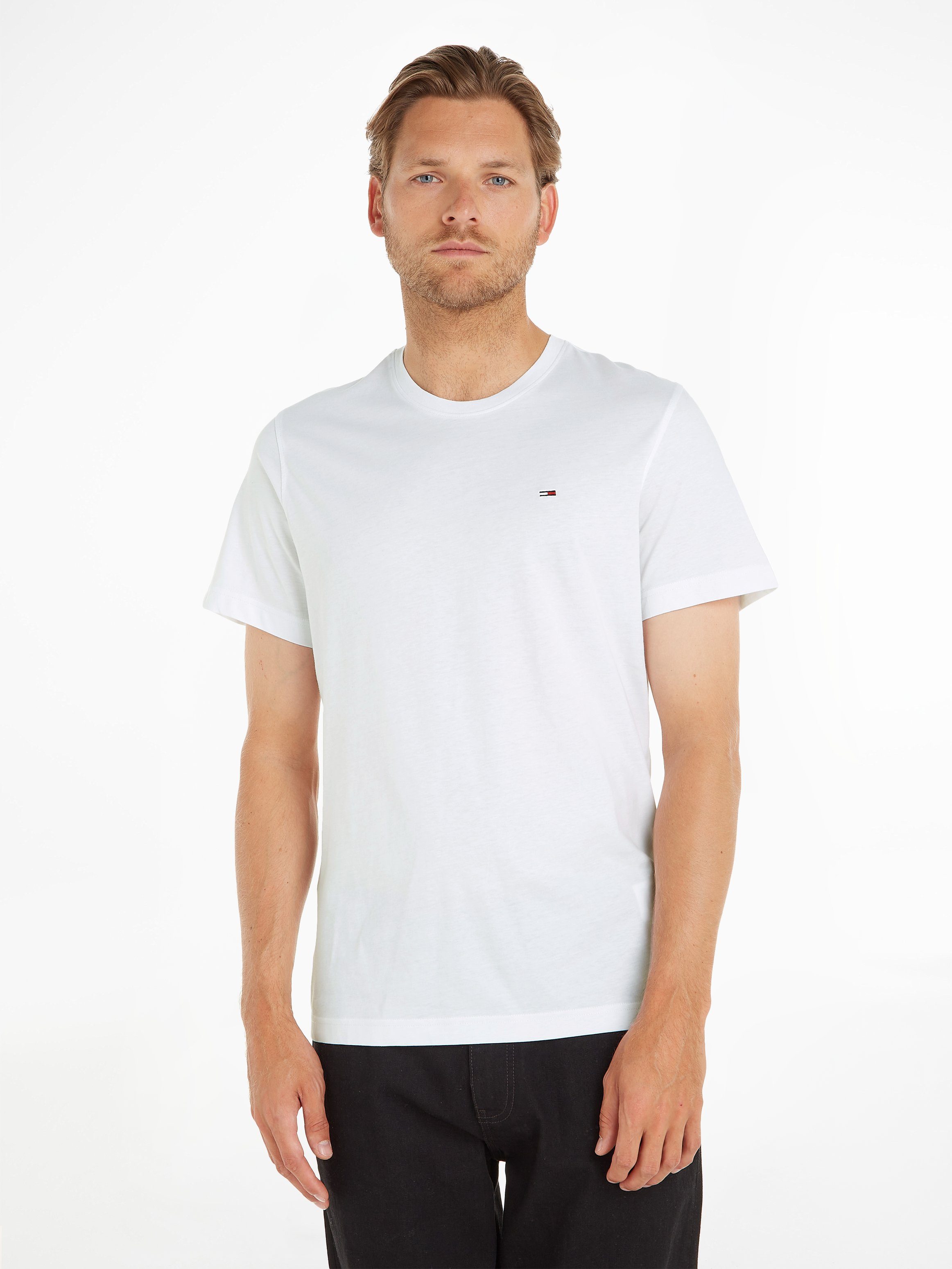 Rundhalsausschnitt WHITE CLASSIC SOLID TJM Logo-Flag und T-Shirt ESSENTIAL dezenter Tommy Regular Jeans TEE Fit mit