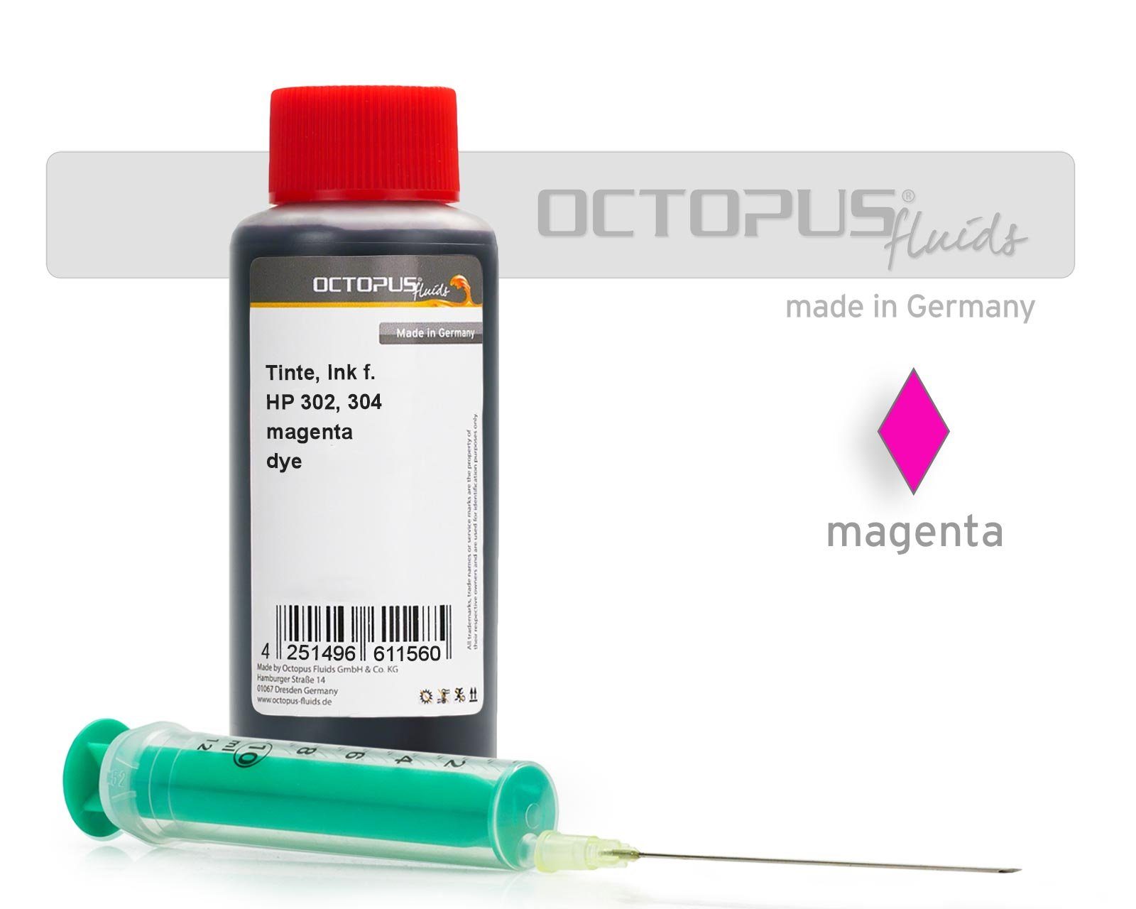OCTOPUS Fluids Nachfülltinte comp. f. HP 302, 304 magenta with syringe Nachfülltinte (für HP, Set, 1x 100 ml)