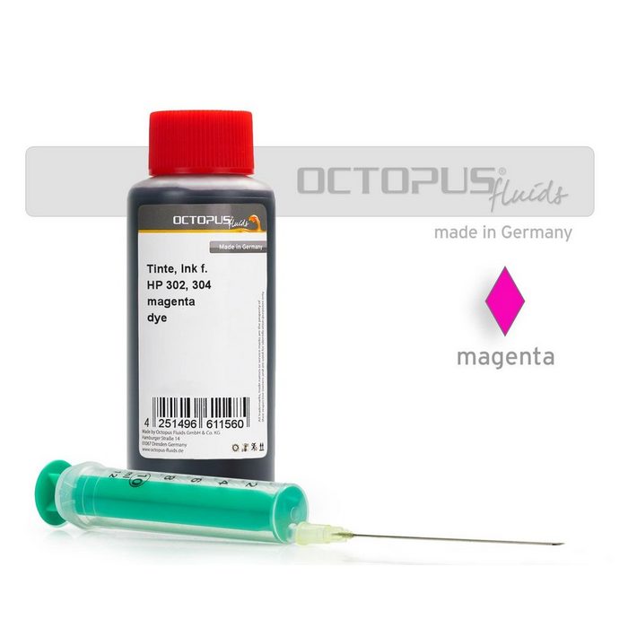 OCTOPUS Fluids Ink for HP 302 304 magenta with syringe Nachfülltinte (für HP 1x 100 ml)