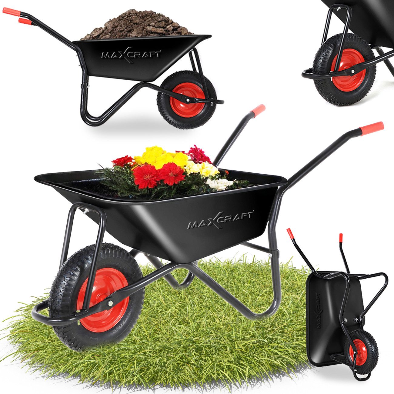 Schubkarre Bauschubkarre 250 kg 100 L Gartenkarre Luftbereifung Schwarz / Rot