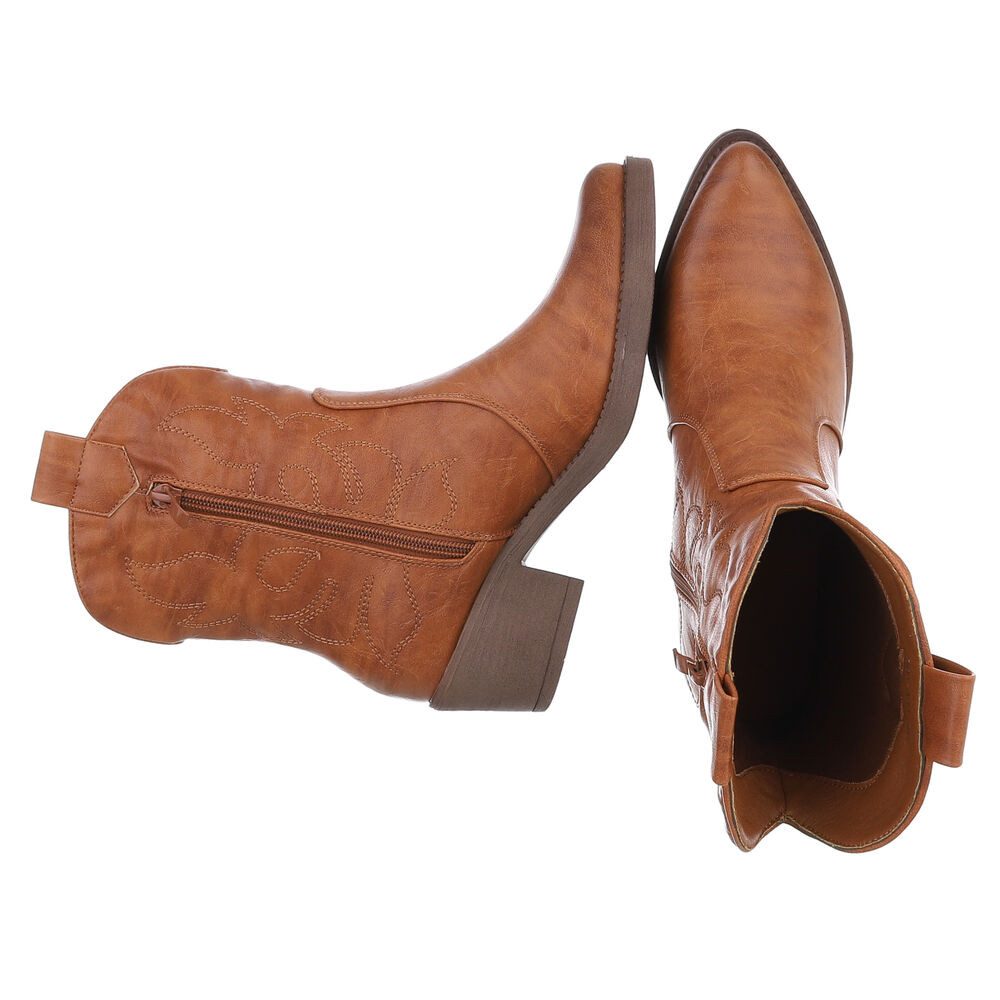 Ital-Design Modische Cowboy-Stiefel mit Verzierungen für Damen Westernstiefelette (89938135) Blockabsatz Stiefeletten in Camel