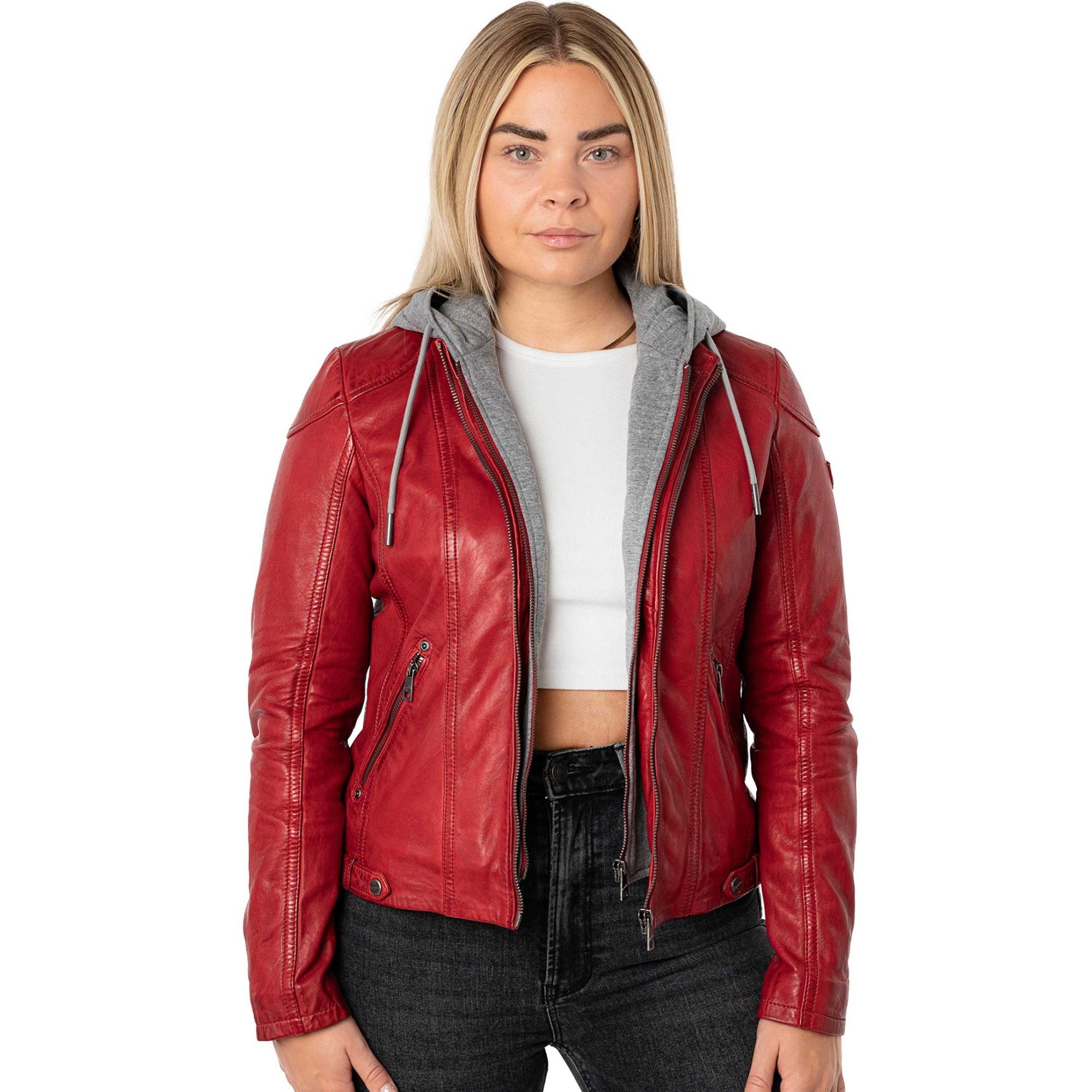 Mauritius Lederjacke MWAmmy Mauritius - Damen Lederjacke Lammnappa Kapuze rot