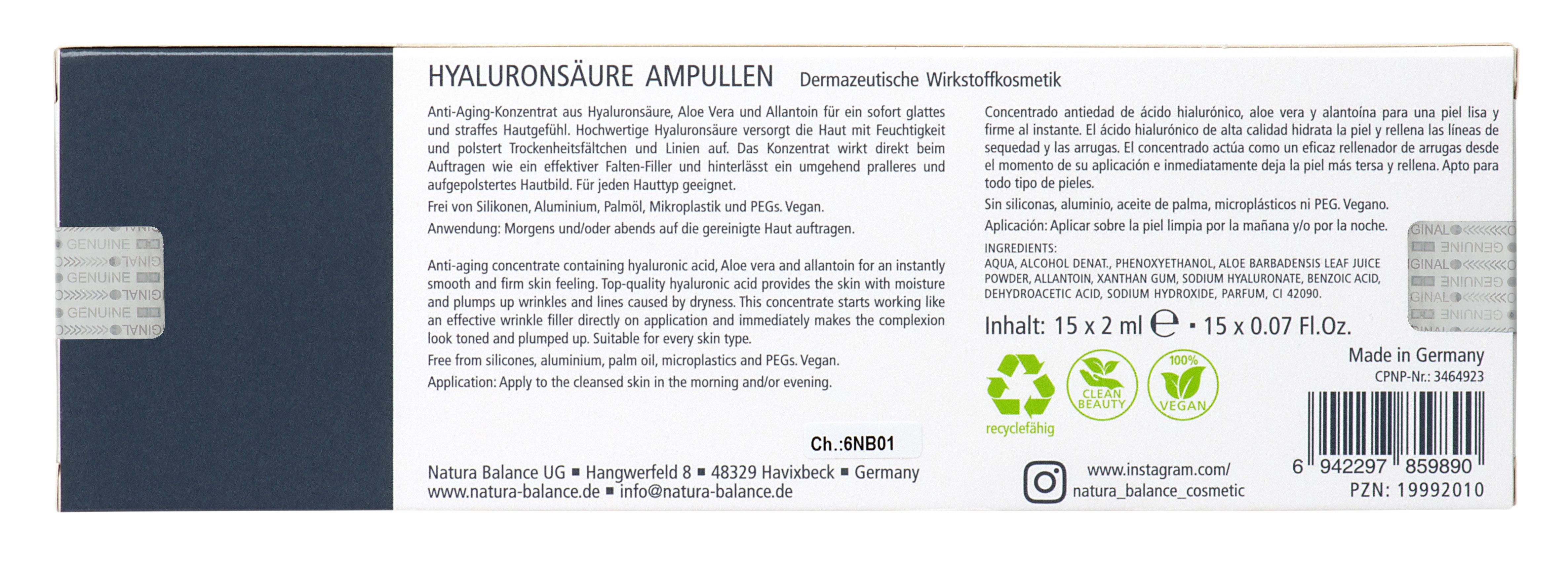Natura Balance Gesichtspflege 15 Stück Hyaluron Serum Hyaluronsäure Ampullen 2ml Gesicht Falten, hergestellt in Deutschland